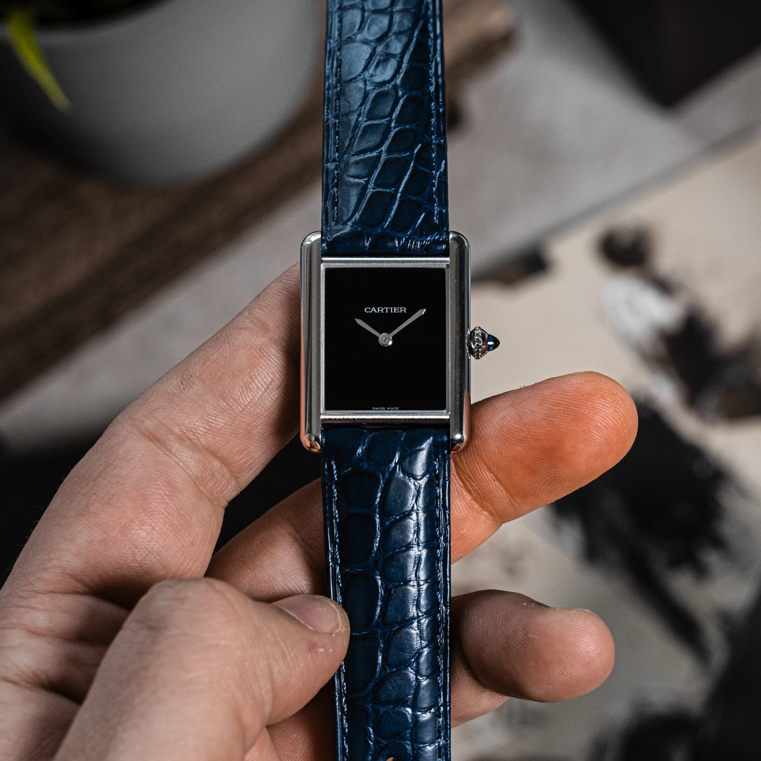 Crocodile Leather Strap for Cartier Tank / Tank Solo / Tank Must – Blue - Helvetus