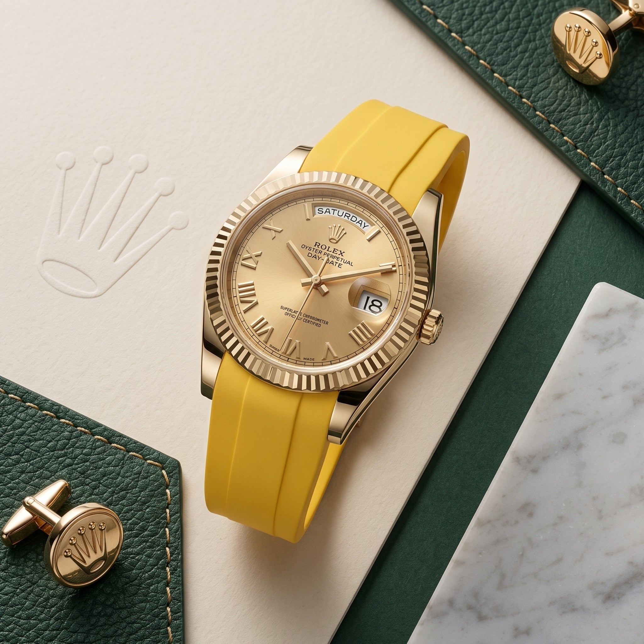 Deployant Rubber Strap - For Rolex Day-Date II 41mm - Yellow - Helvetus