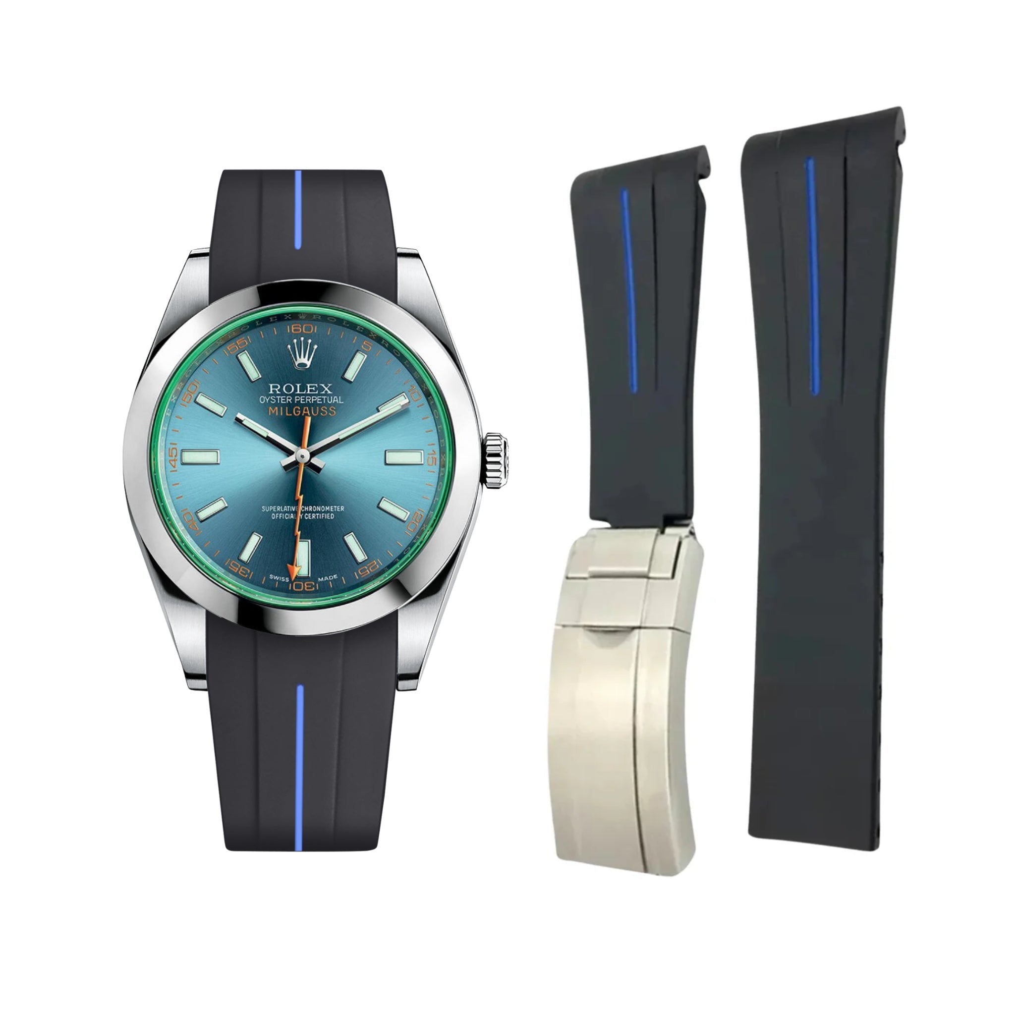 Deployant Rubber Strap - For Rolex Milgauss - Black w/Blue Line | LuxLine® - Helvetus