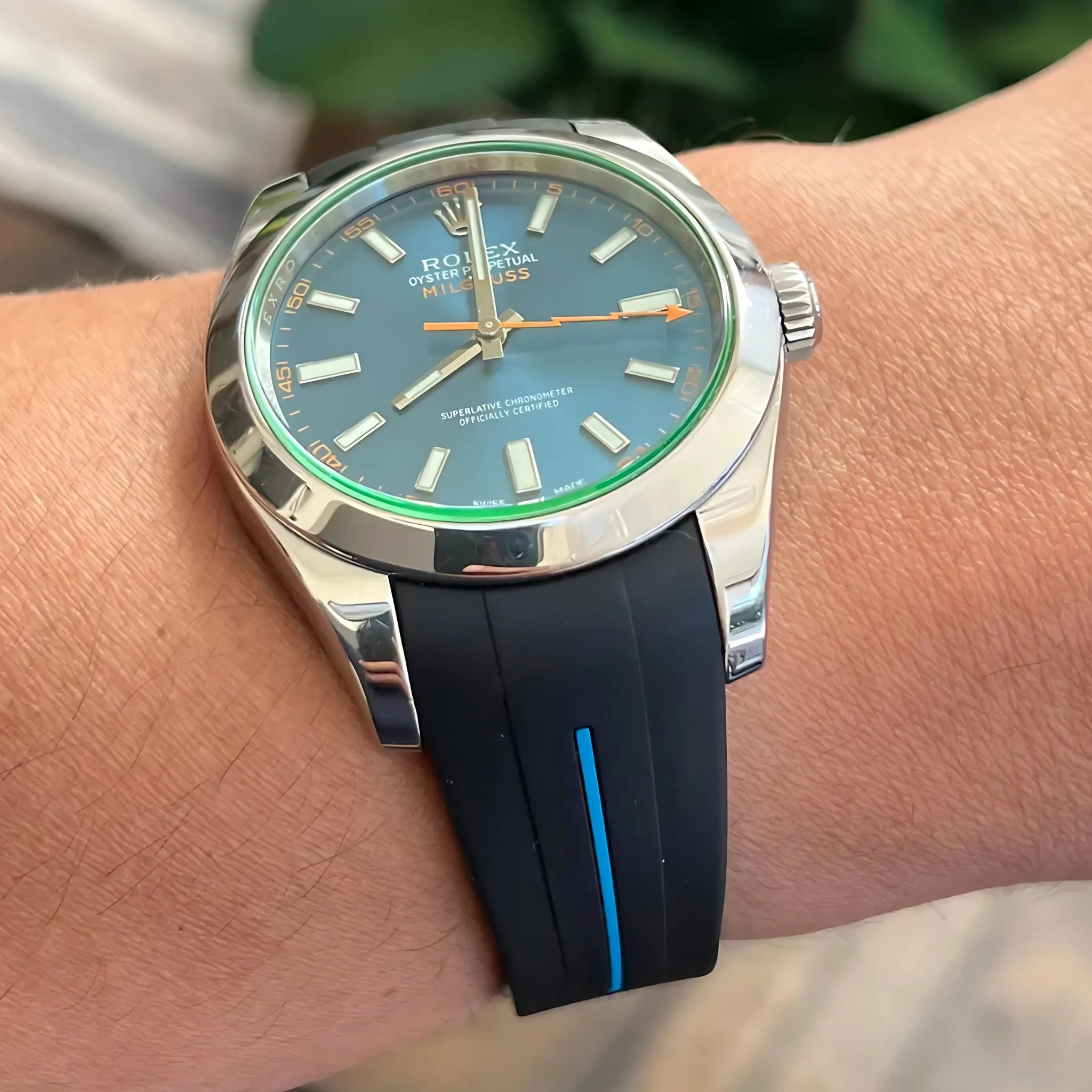 Deployant Rubber Strap - For Rolex Milgauss - Black w/Blue Line | LuxLine® - Helvetus