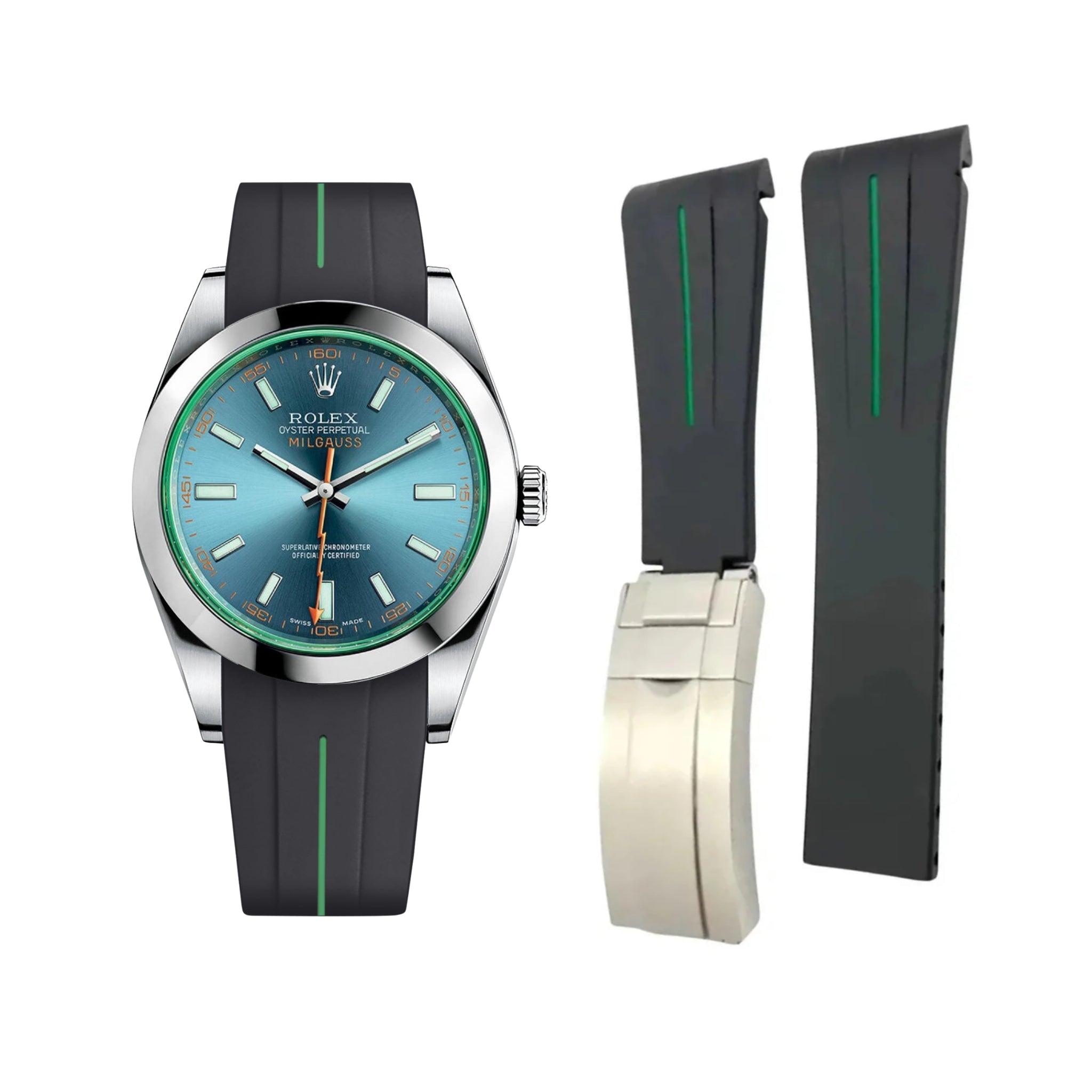 Deployant Rubber Strap - For Rolex Milgauss - Black w/Green Line | LuxLine® - Helvetus