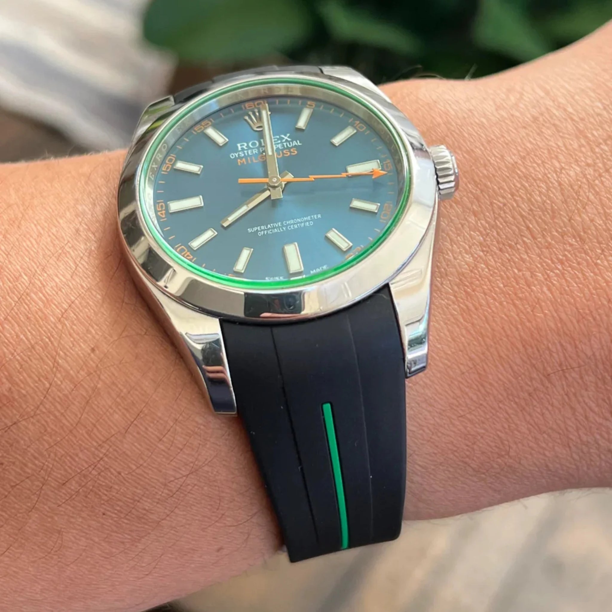 Deployant Rubber Strap - For Rolex Milgauss - Black w/Green Line | LuxLine® - Helvetus