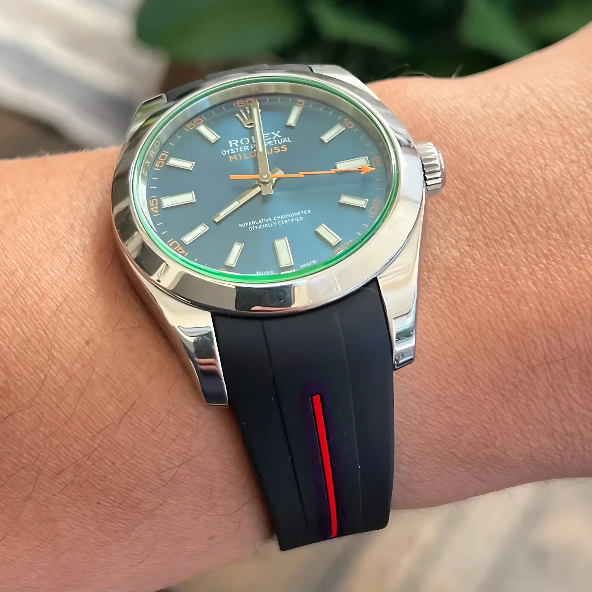 Deployant Rubber Strap - For Rolex Milgauss - Black w/Red Line | LuxLine® - Helvetus