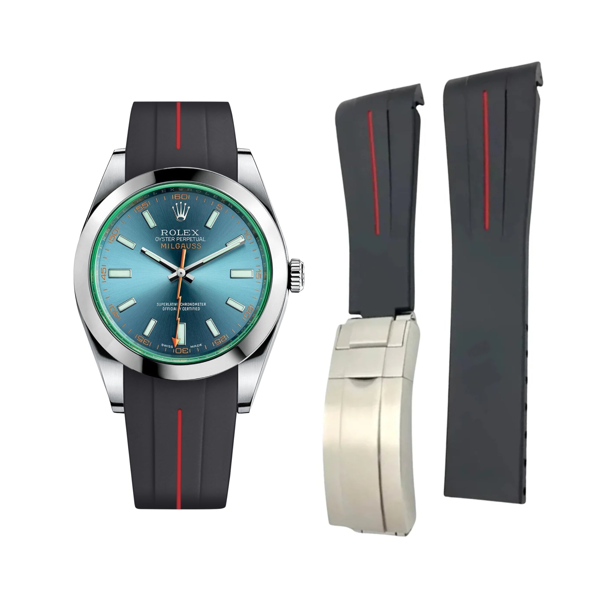 Deployant Rubber Strap - For Rolex Milgauss - Black w/Red Line | LuxLine® - Helvetus