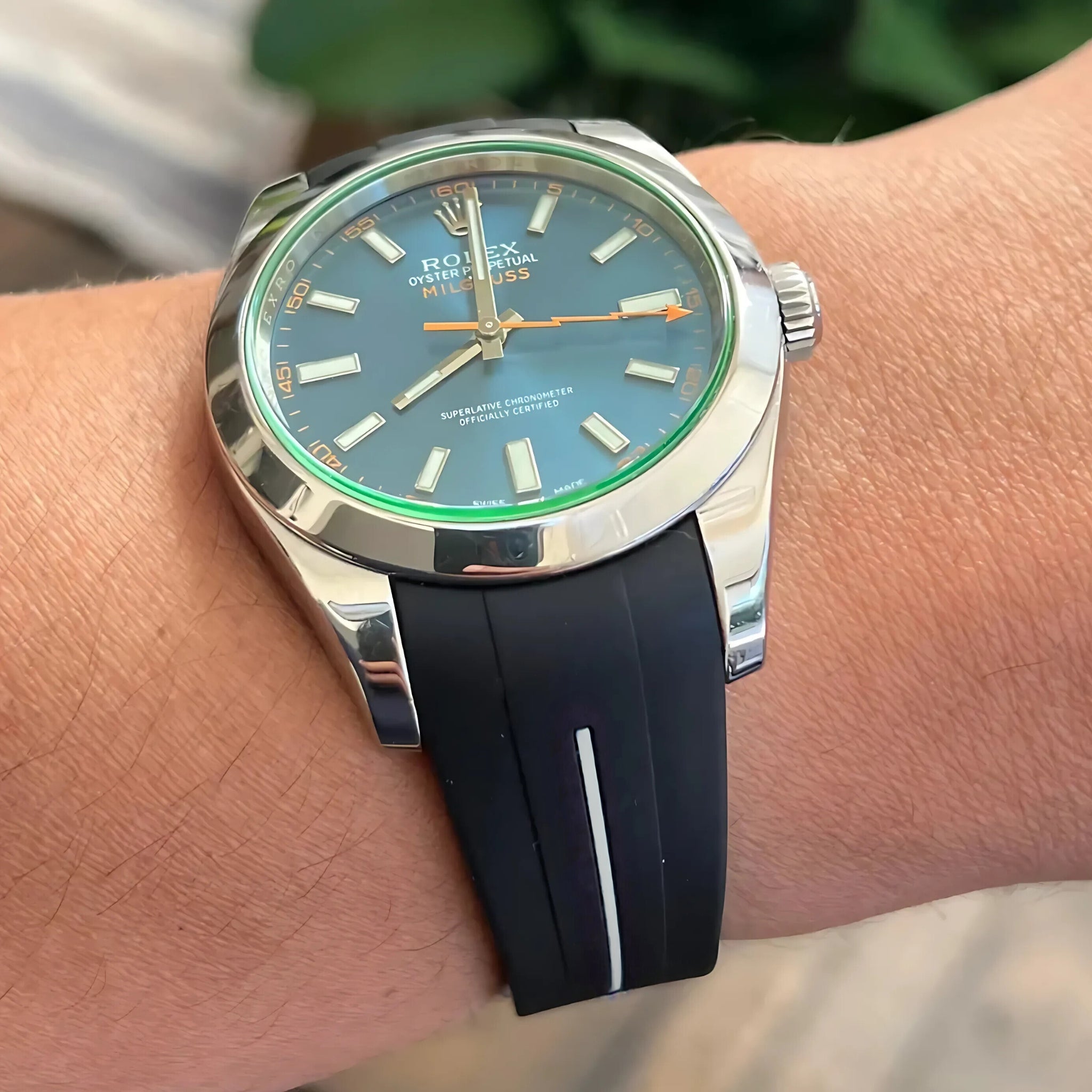 Deployant Rubber Strap - For Rolex Milgauss - Black w/White Line | LuxLine® - Helvetus