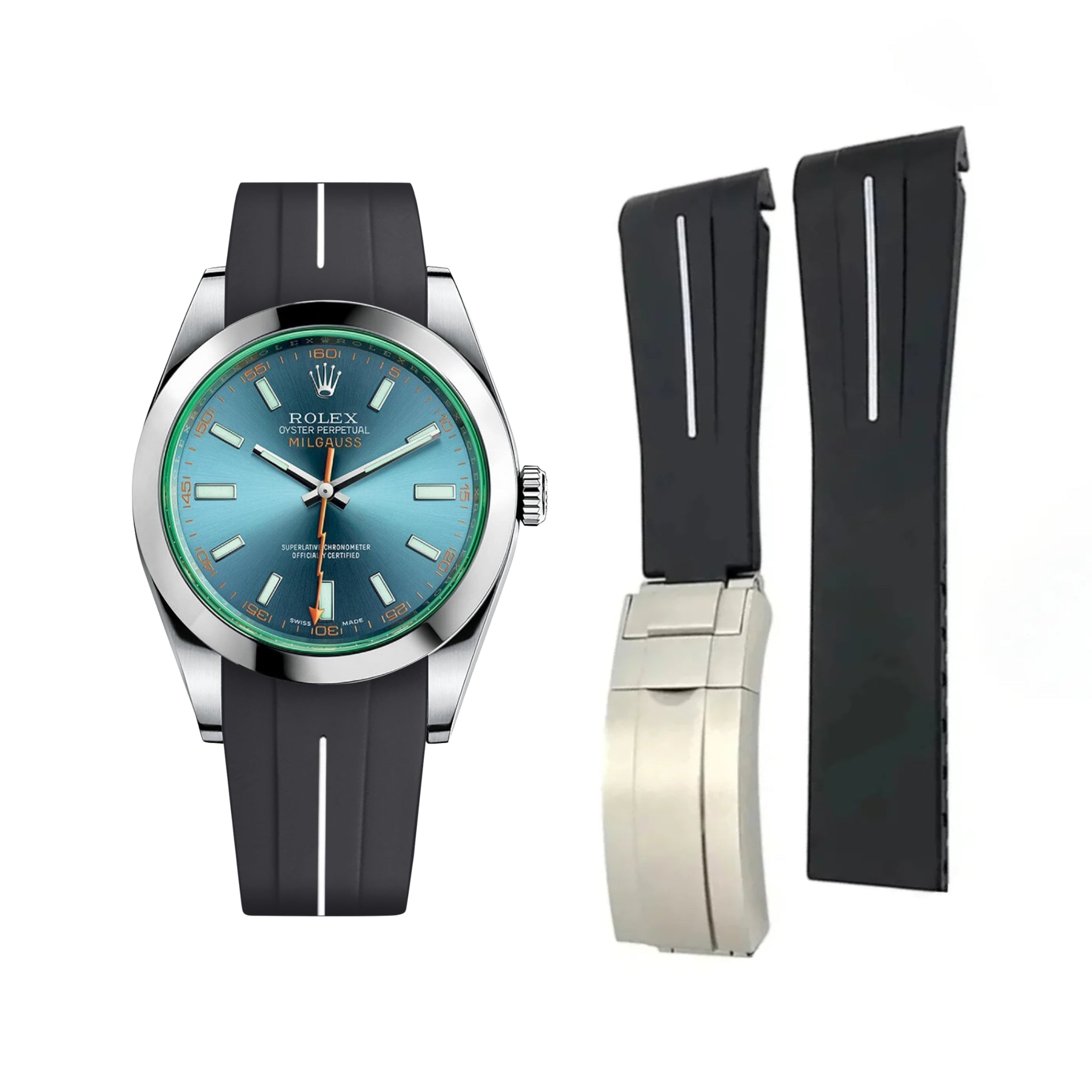 Deployant Rubber Strap - For Rolex Milgauss - Black w/White Line | LuxLine® - Helvetus