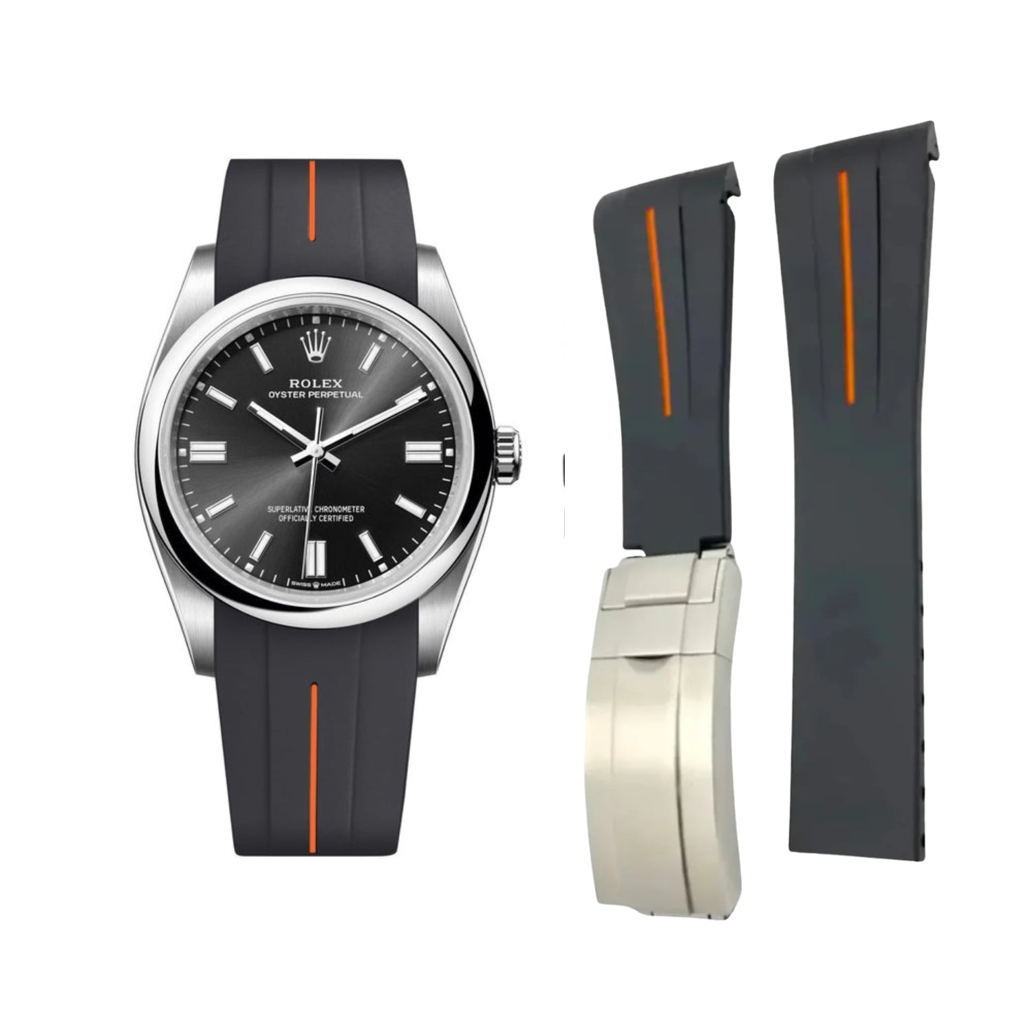 Deployant Rubber Strap - For Rolex Oyster Perpetual 36mm - Black w/Orange Line | LuxLine® - Helvetus