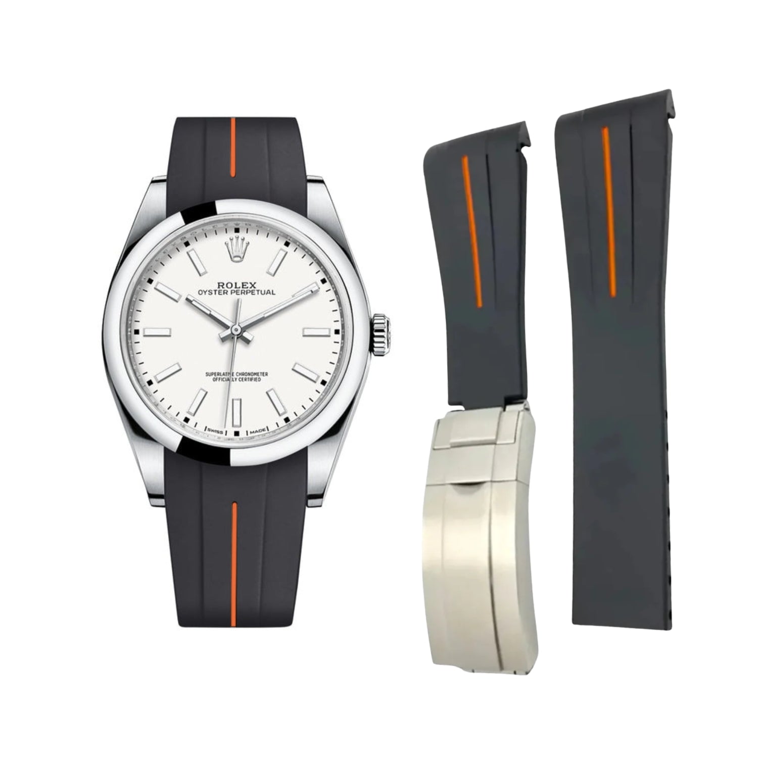 Deployant Rubber Strap - For Rolex Oyster Perpetual 39mm - Black w/Orange Line | LuxLine® - Helvetus