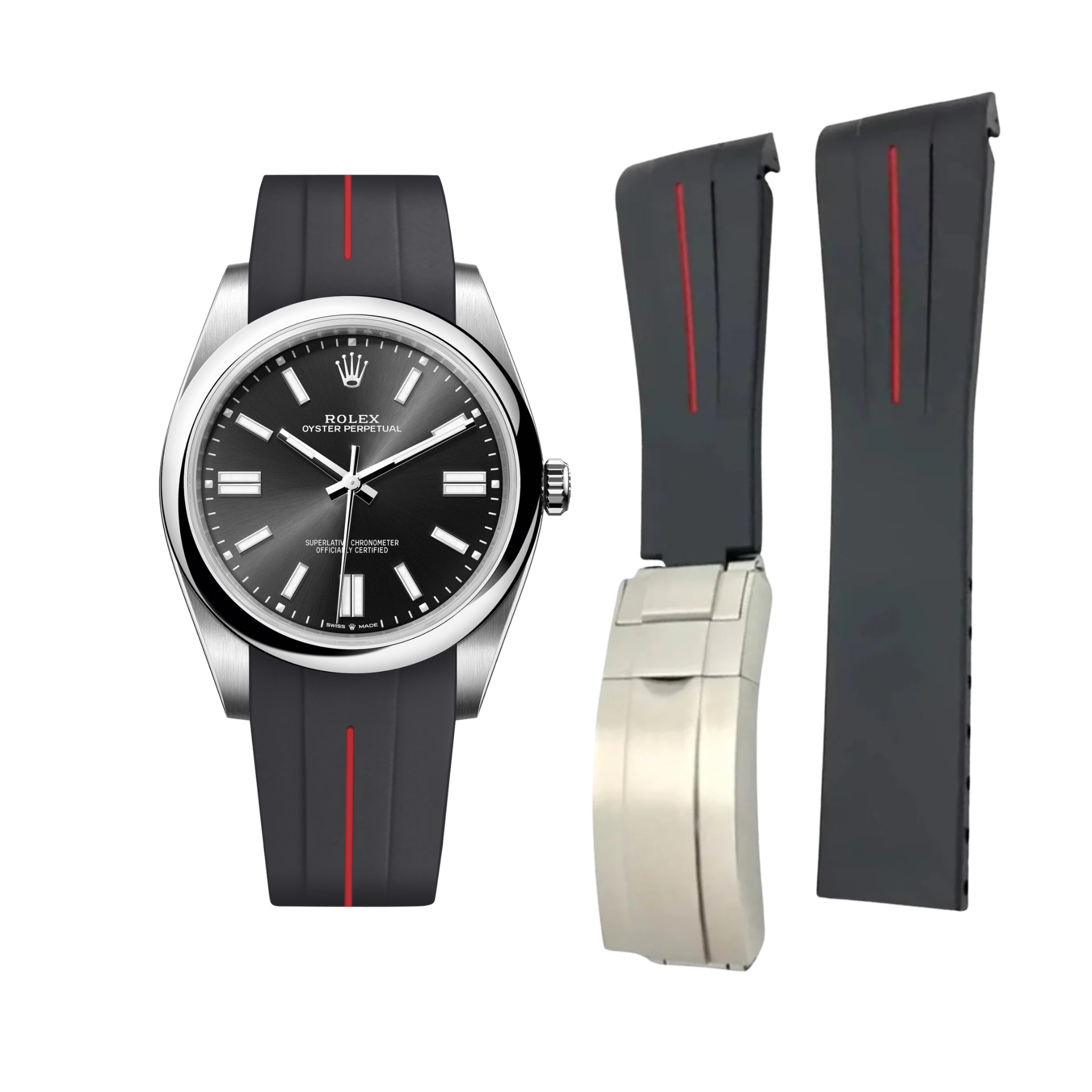 Deployant Rubber Strap - For Rolex Oyster Perpetual 41mm - Black w/Red Line | LuxLine® - Helvetus