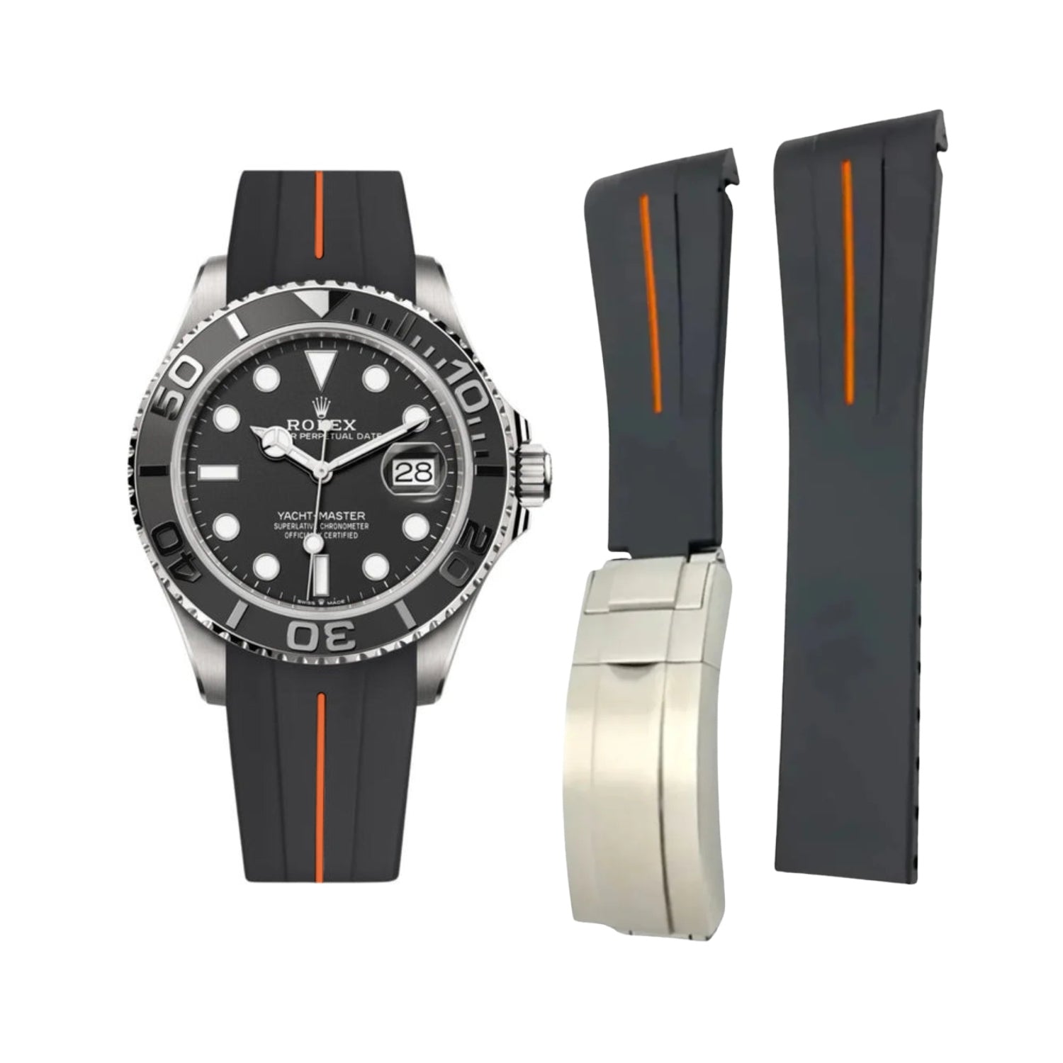 Deployant Rubber Strap - For Rolex Yacht - Master 40mm/42mm - Black w/Orange Line | LuxLine® - Helvetus
