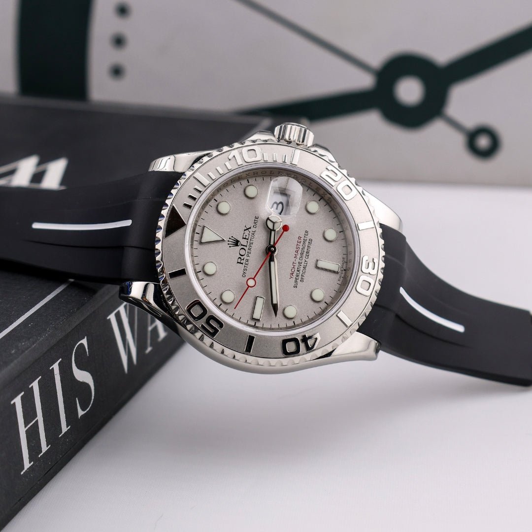 Deployant Rubber Strap - For Rolex Yacht - Master 40mm/42mm - Black w/White Line | LuxLine® - Helvetus