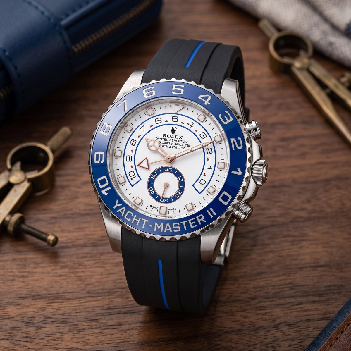 Deployant Rubber Strap - For Rolex Yacht-Master II 44mm - Black w/Blue Line | LuxLine® - Helvetus