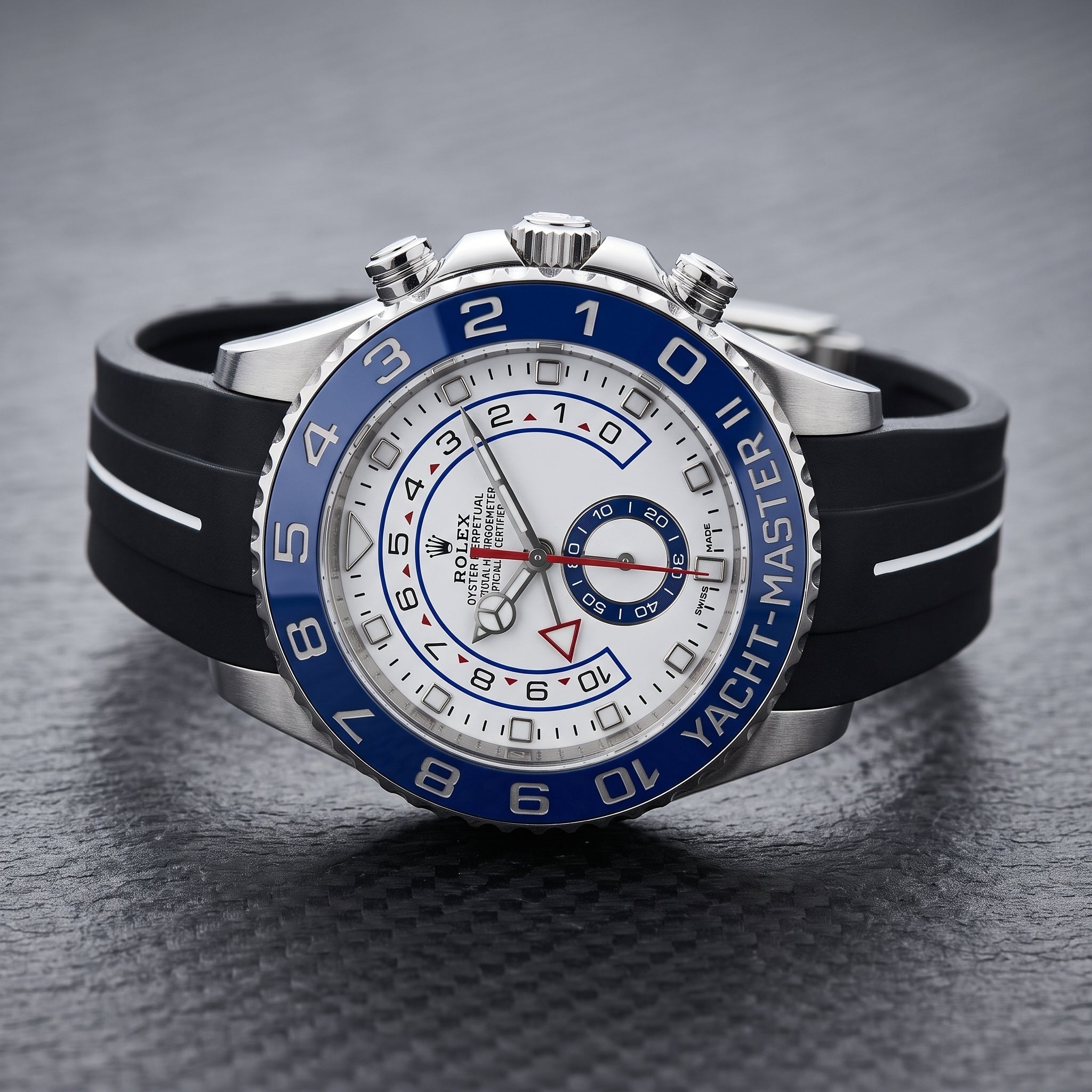 Deployant Rubber Strap - For Rolex Yacht-Master II 44mm - Black w/White Line | LuxLine® - Helvetus
