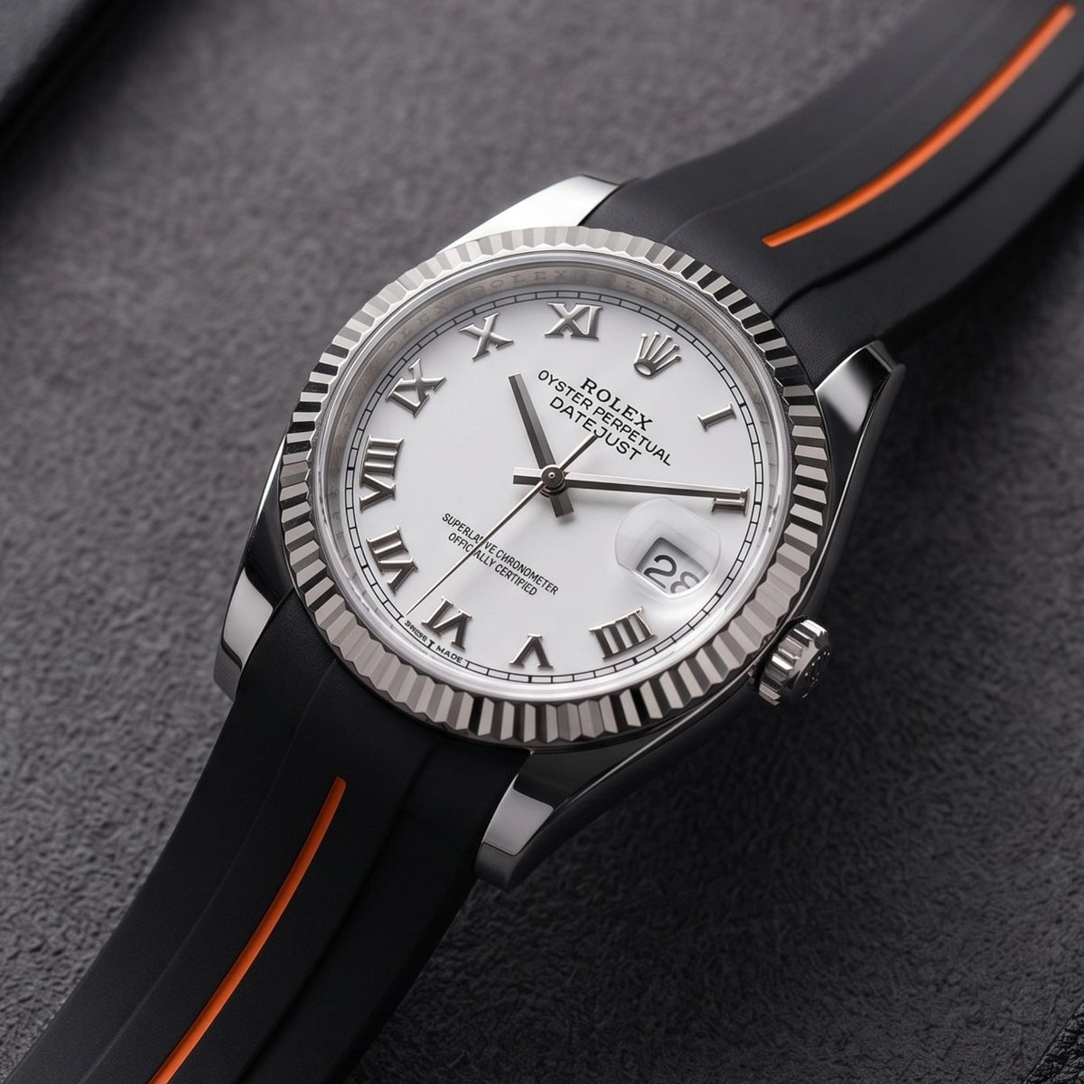 Deployant Strap - For Rolex Datejust 36 - Black w/Orange Line | LuxLine® - Helvetus