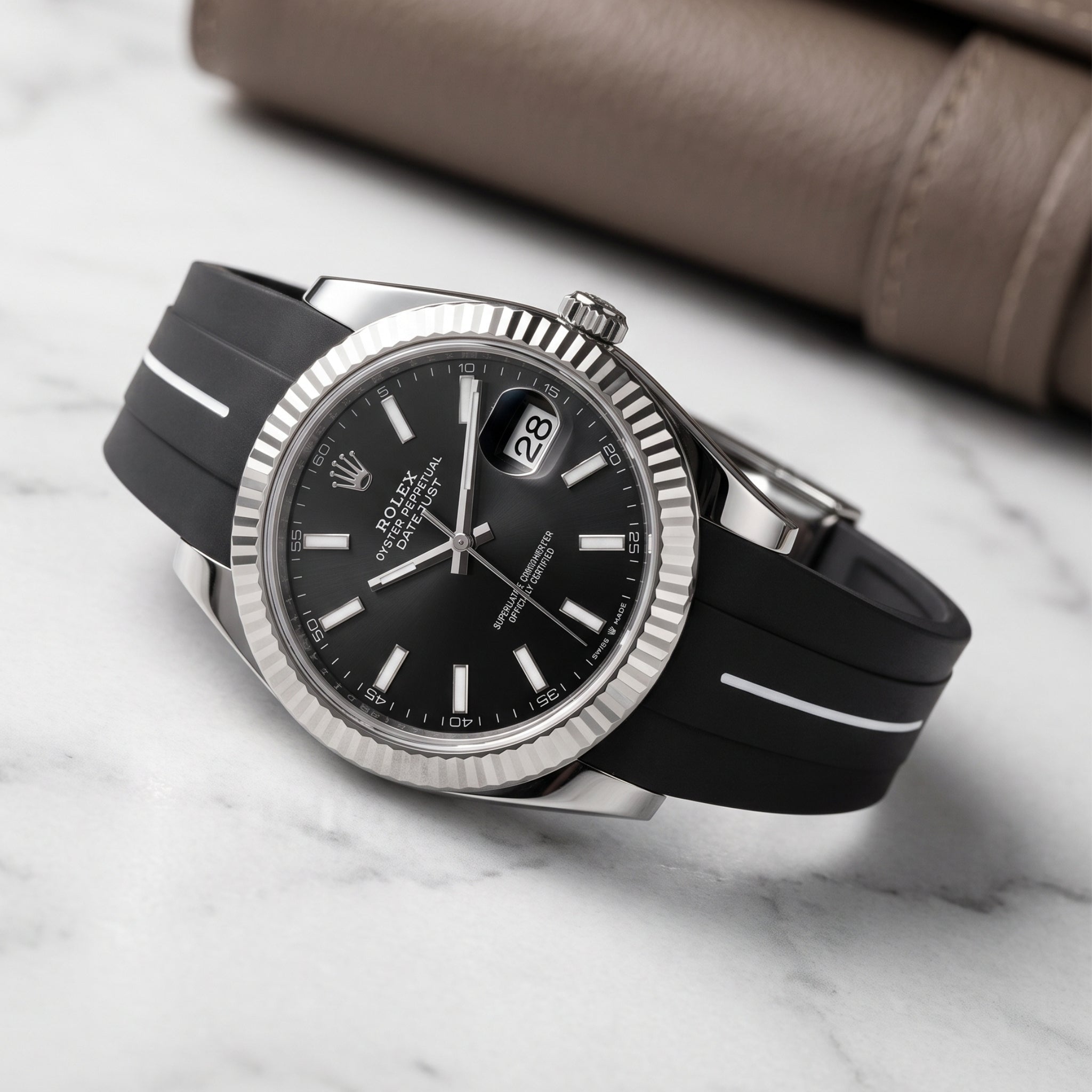 Deployant Strap - For Rolex Datejust 41mm - Black w/White Line | LuxLine® - Helvetus