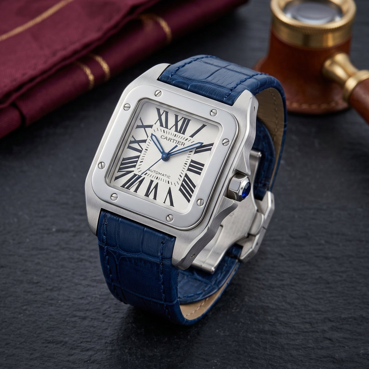 Leather Strap - For Cartier Santos 100 - Blue - Helvetus