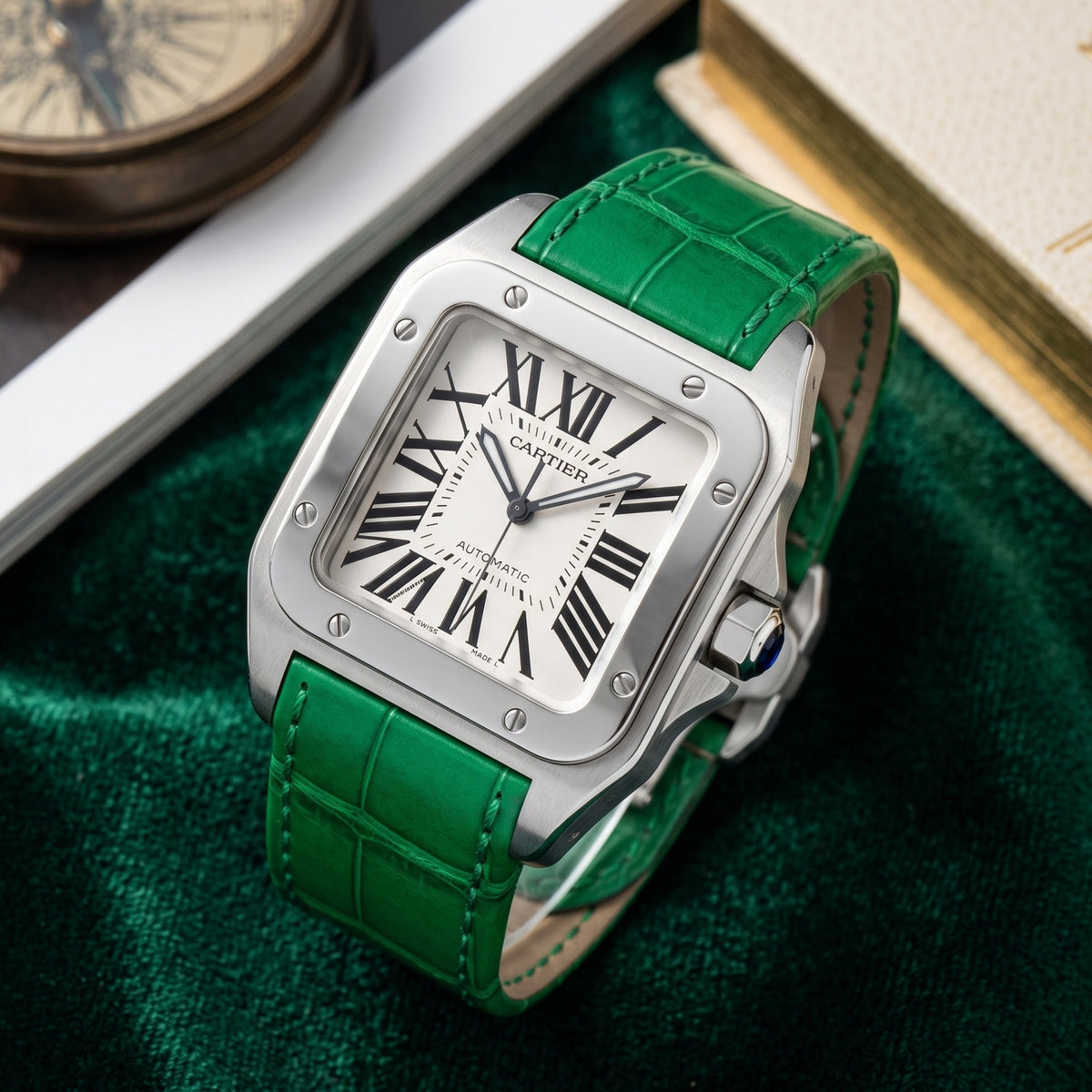 Leather Strap - For Cartier Santos 100 - Green - Helvetus
