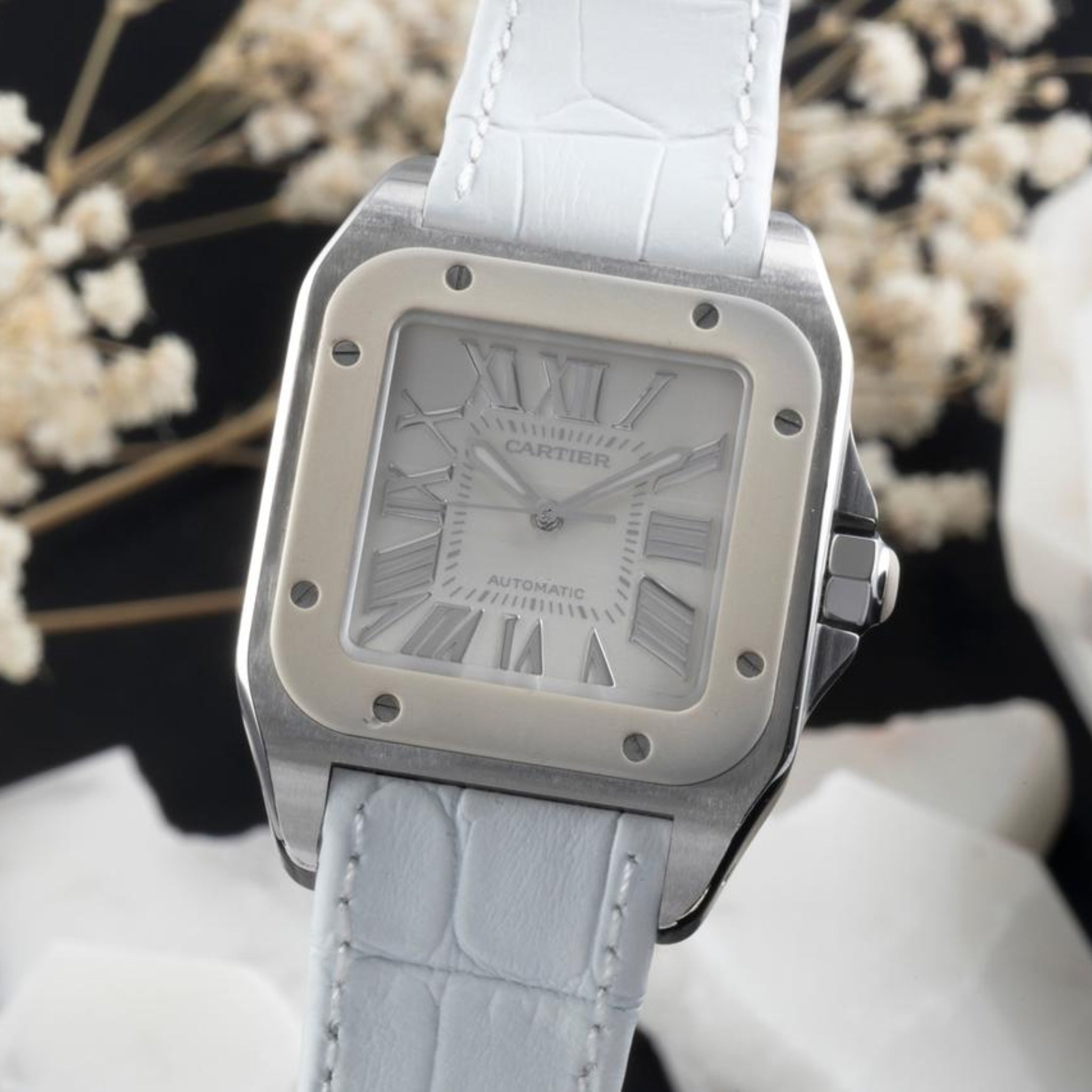 Leather Strap - For Cartier Santos 100 - White - Helvetus