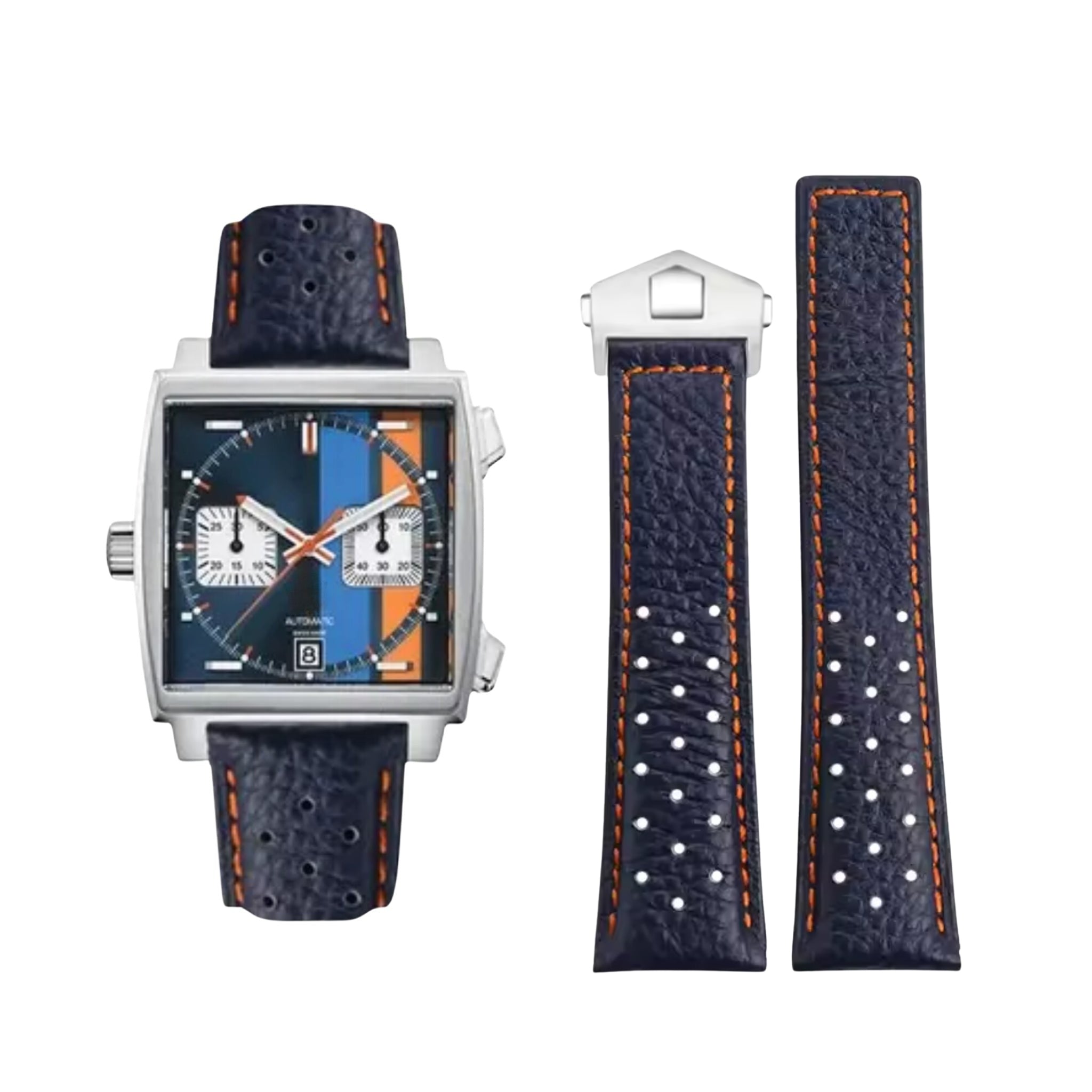 Leather Strap - For Tag Heuer Monaco - Blue/Orange - Helvetus
