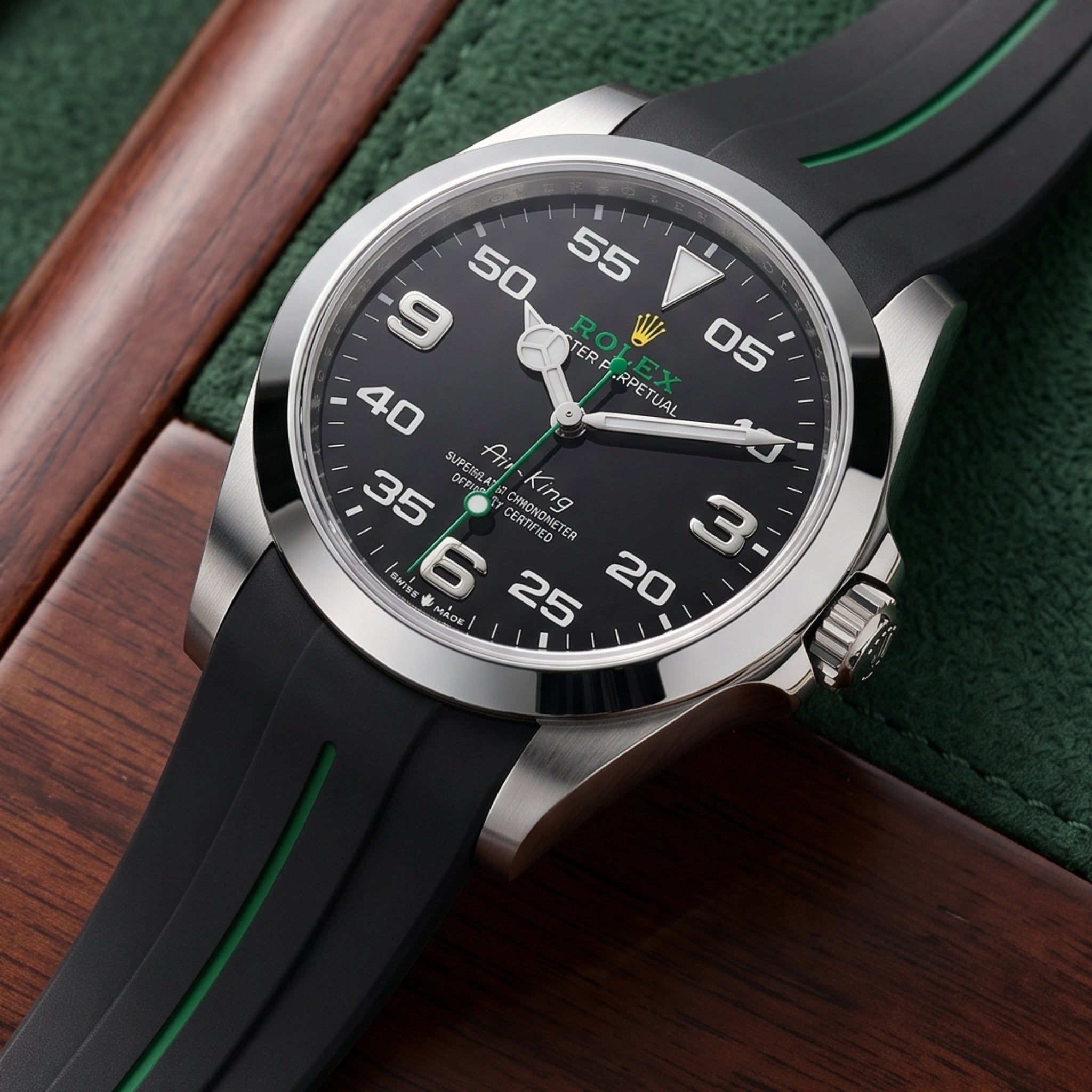 Bracelet déployant en caoutchouc – Pour Rolex Air-King 126900/116900 – Noir/Vert | LuxLine®