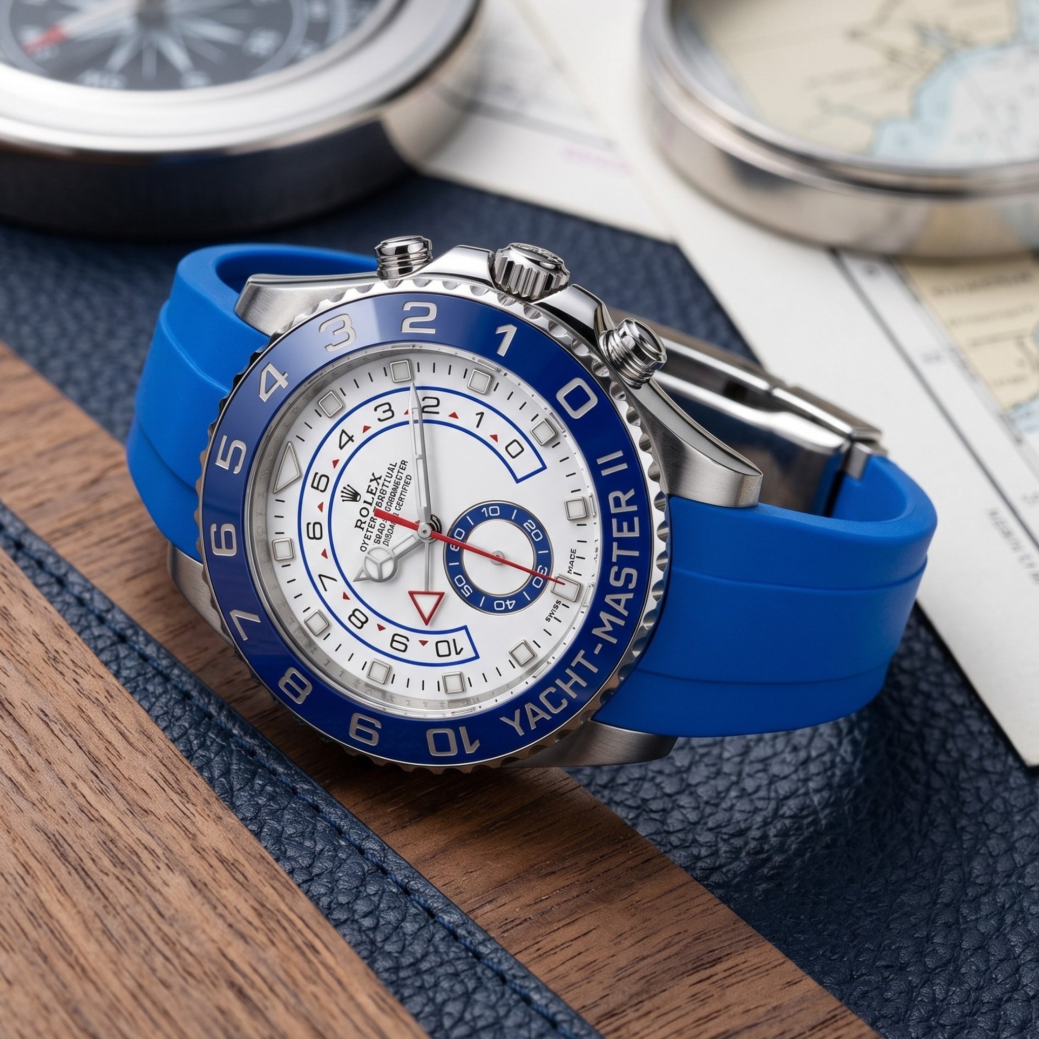 Bracelet déployant en caoutchouc pour Rolex Yacht-Master II 44 mm - Bleu