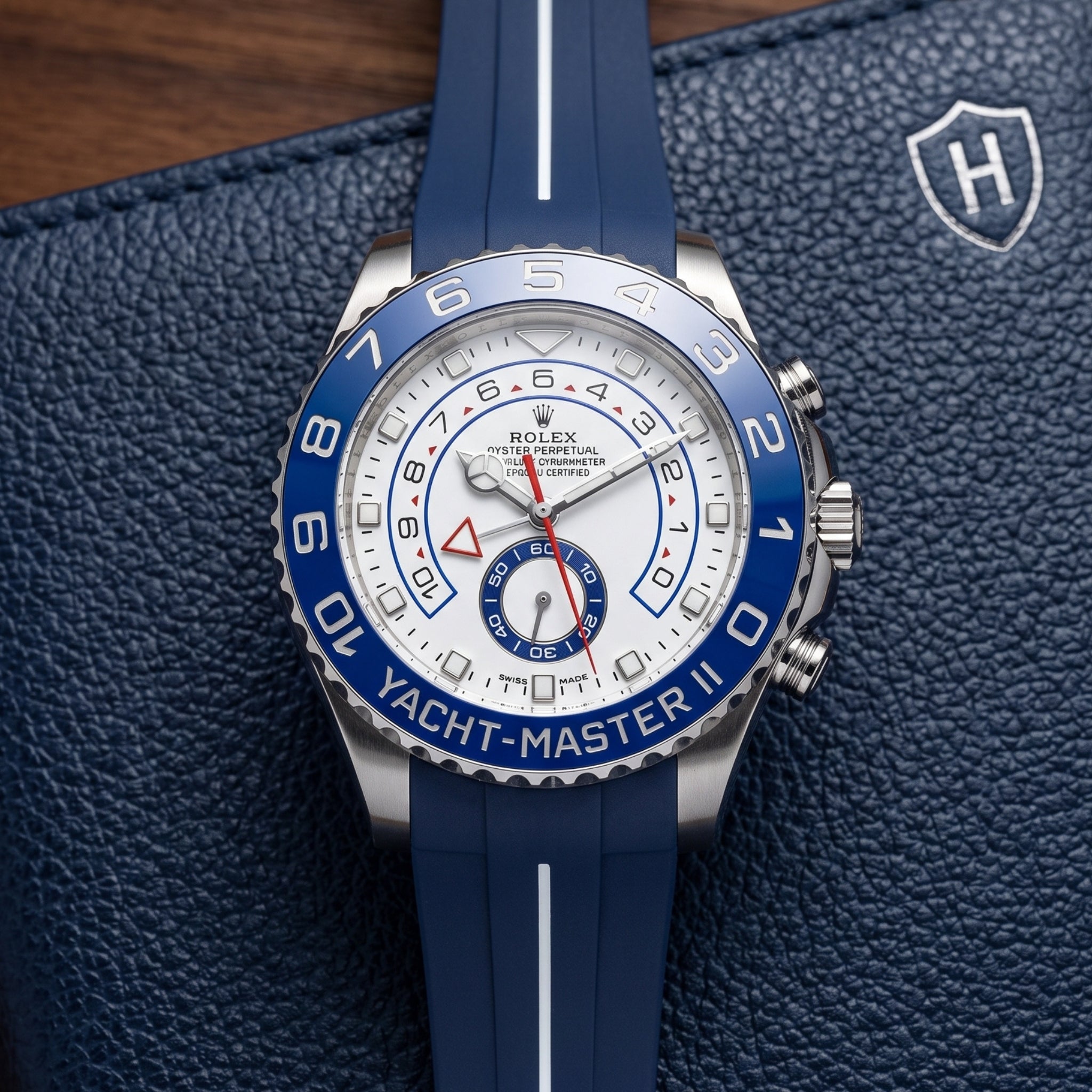 Bracelet en caoutchouc pour Rolex Yacht-Master II 44 mm – Bleu marine avec ligne blanche | LuxLine®