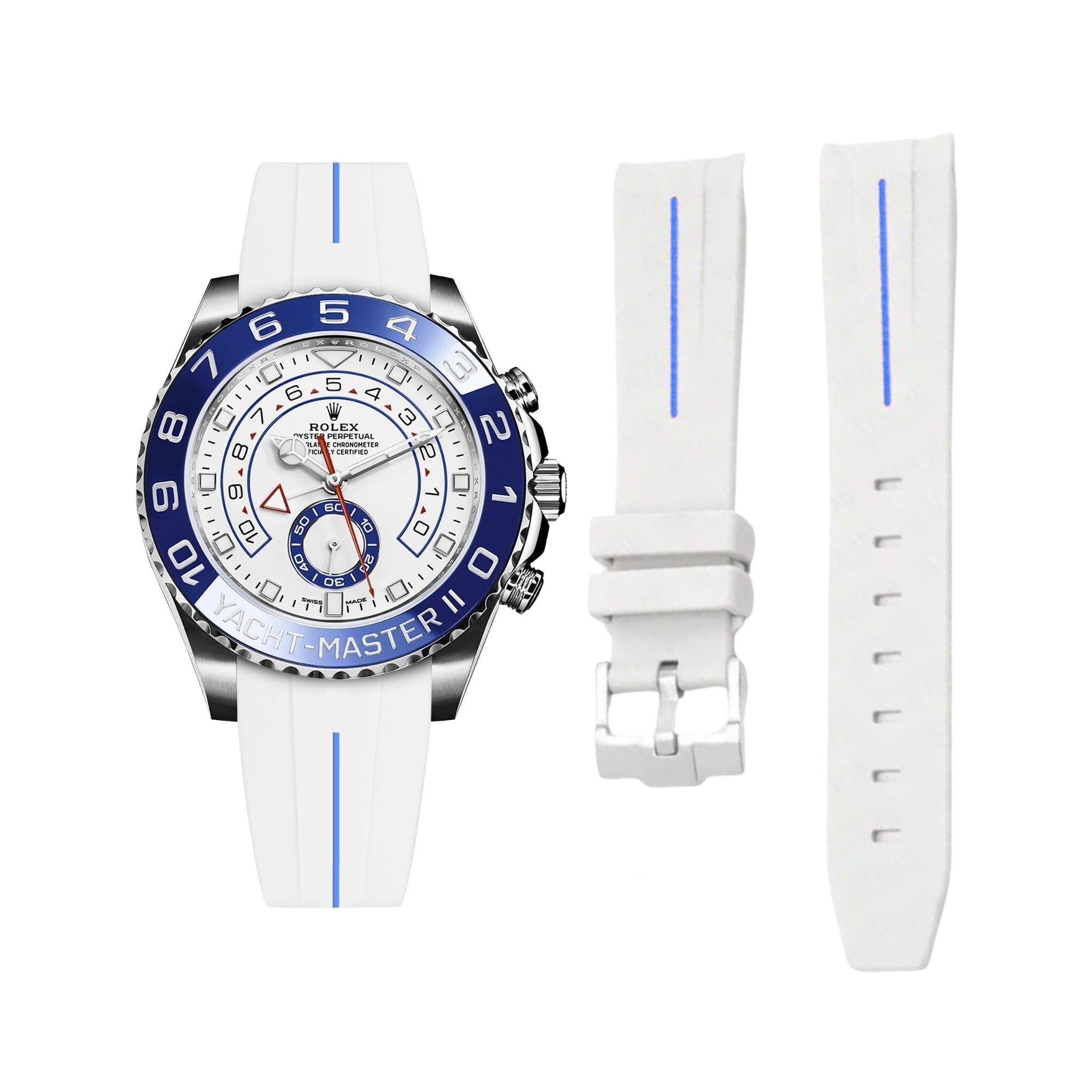 Bracelet en caoutchouc pour Rolex Yacht-Master II 44 mm – Blanc avec ligne bleue | LuxLine®