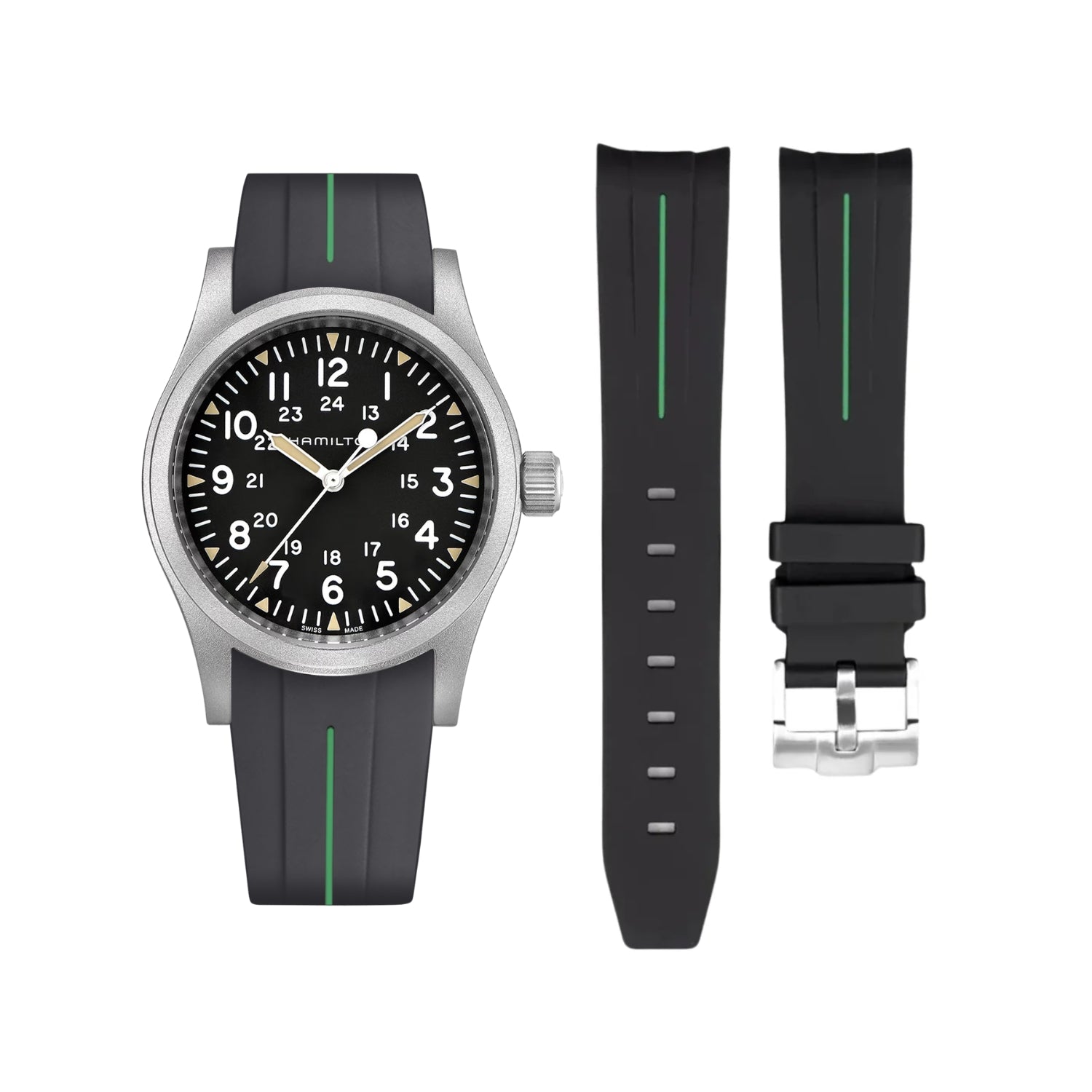 Rubber Strap – For Hamilton Khaki Field (38mm/40mm/42mm) - Black with Green LuxLine® - Helvetus