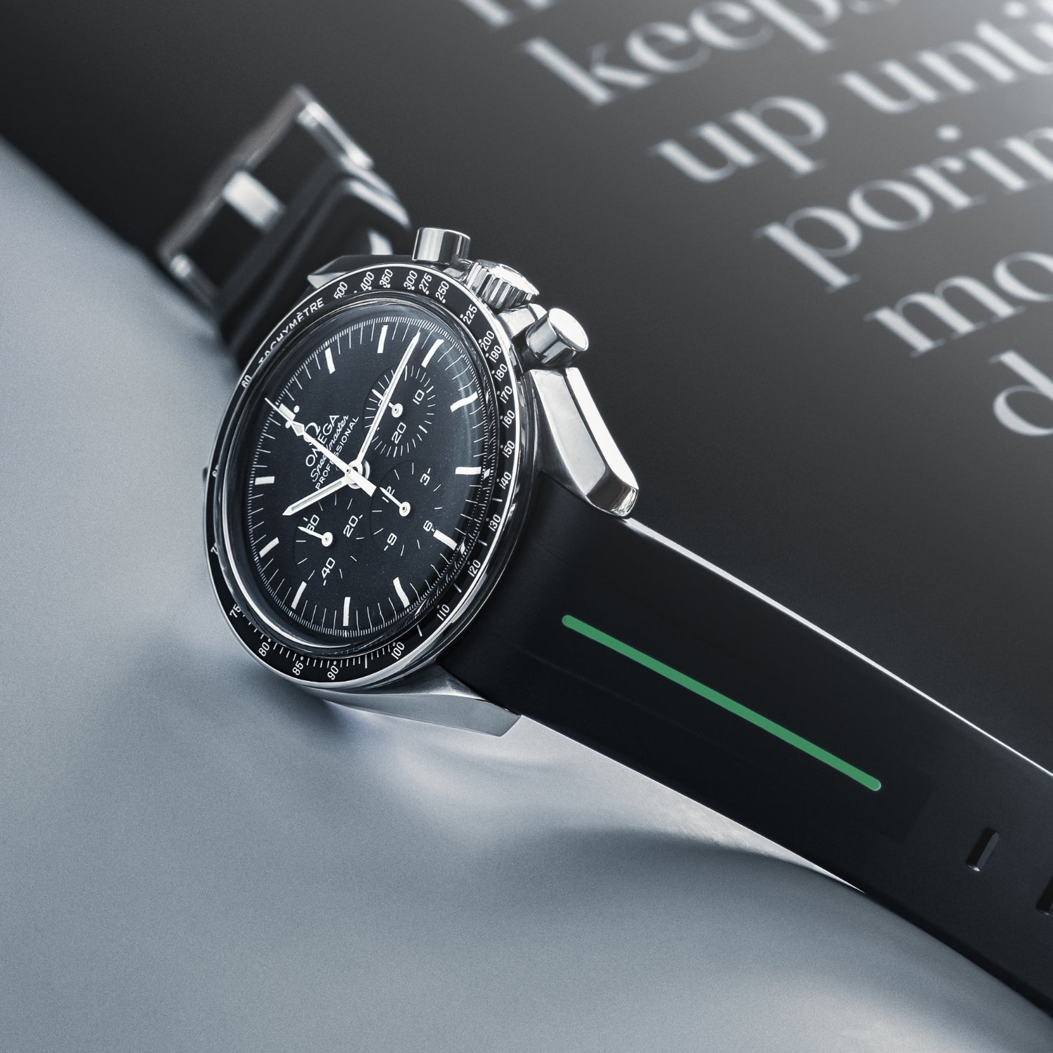Rubber Strap - For Omega Speedmaster - Black w/Green Line | LuxLine® - Helvetus