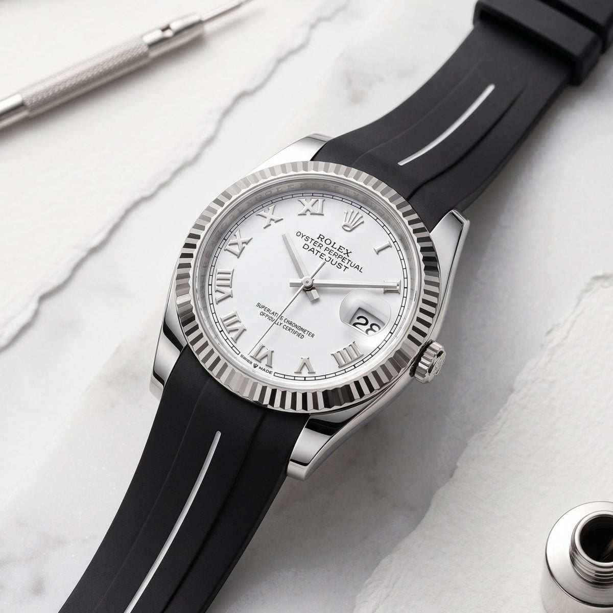 Rubber Strap - For Rolex Datejust 36 - Black w/White Line | LuxLine® - Helvetus