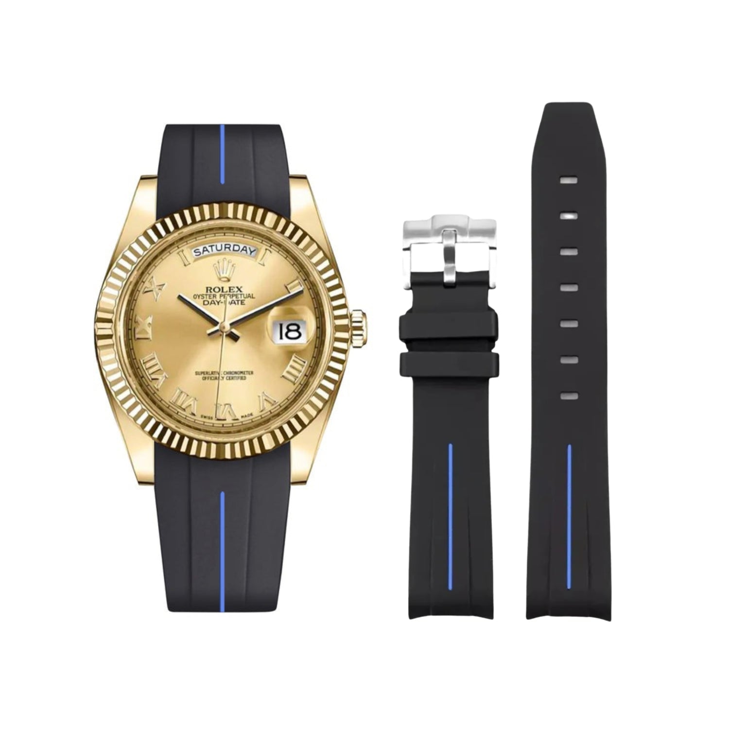 Rubber Strap - For Rolex Day - Date II 41mm - Black w/Blue Line | LuxLine® - Helvetus