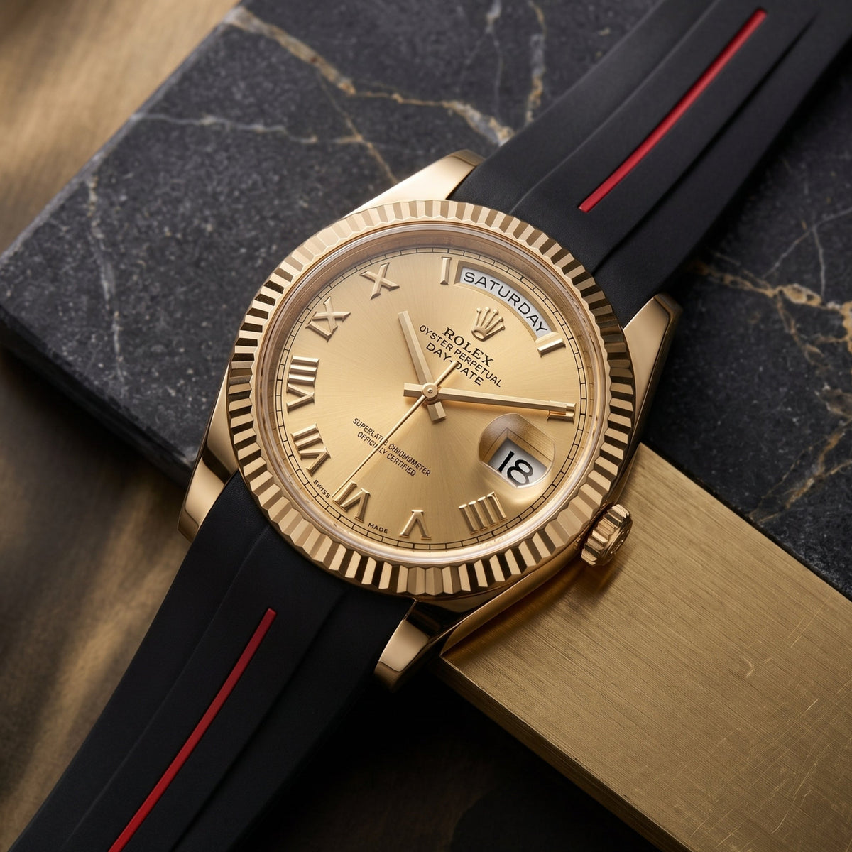 Rubber Strap - For Rolex Day-Date II 41mm - Black w/Red Line | LuxLine® - Helvetus