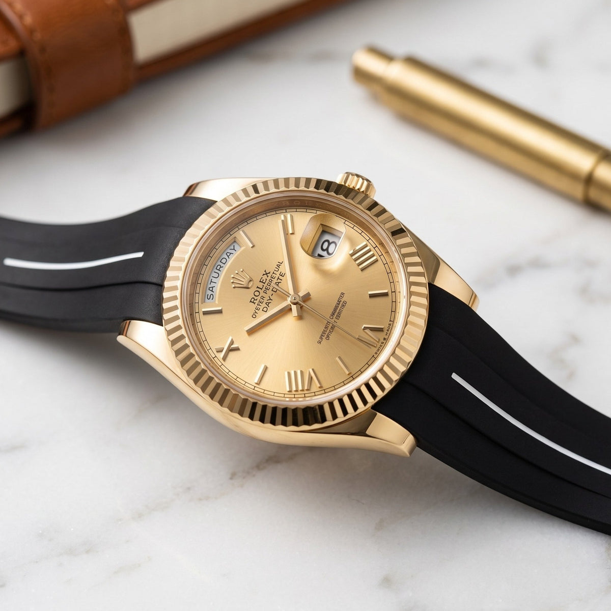 Rubber Strap - For Rolex Day-Date II 41mm - Black w/White Line | LuxLine® - Helvetus