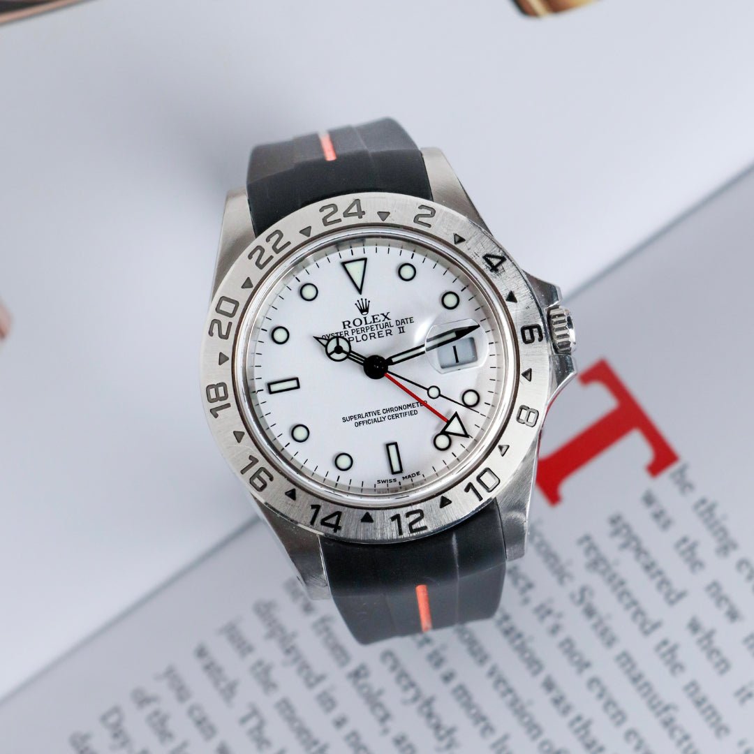 Rubber Strap - For Rolex Explorer II - Black w/Orange Line | LuxLine® - Helvetus