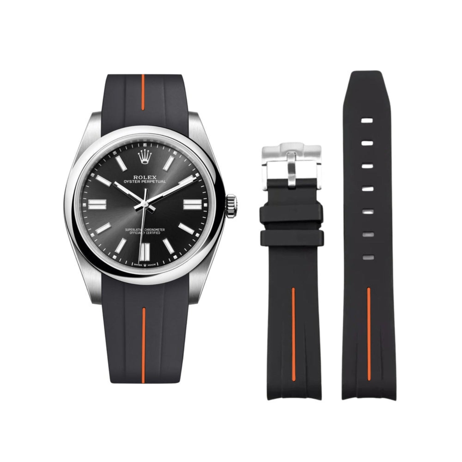 Rubber Strap - For Rolex Oyster Perpetual 41mm - Black w/Orange Line | LuxLine® - Helvetus