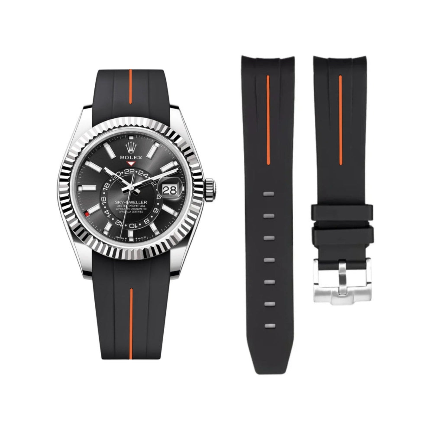 Rubber Strap - For Rolex Sky - Dweller - Black w/Orange Line | LuxLine® - Helvetus