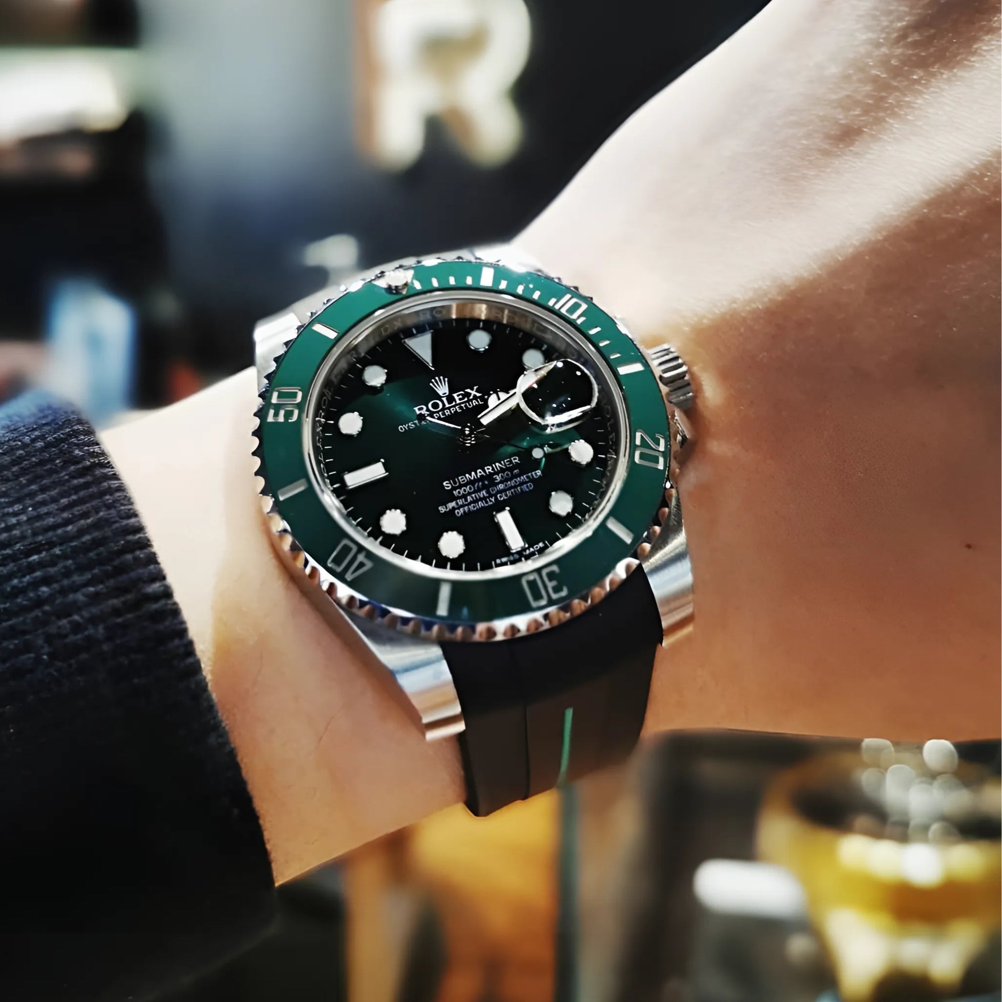 Rubber Strap - For Rolex Submariner - Black w/Green Line | LuxLine® - Helvetus