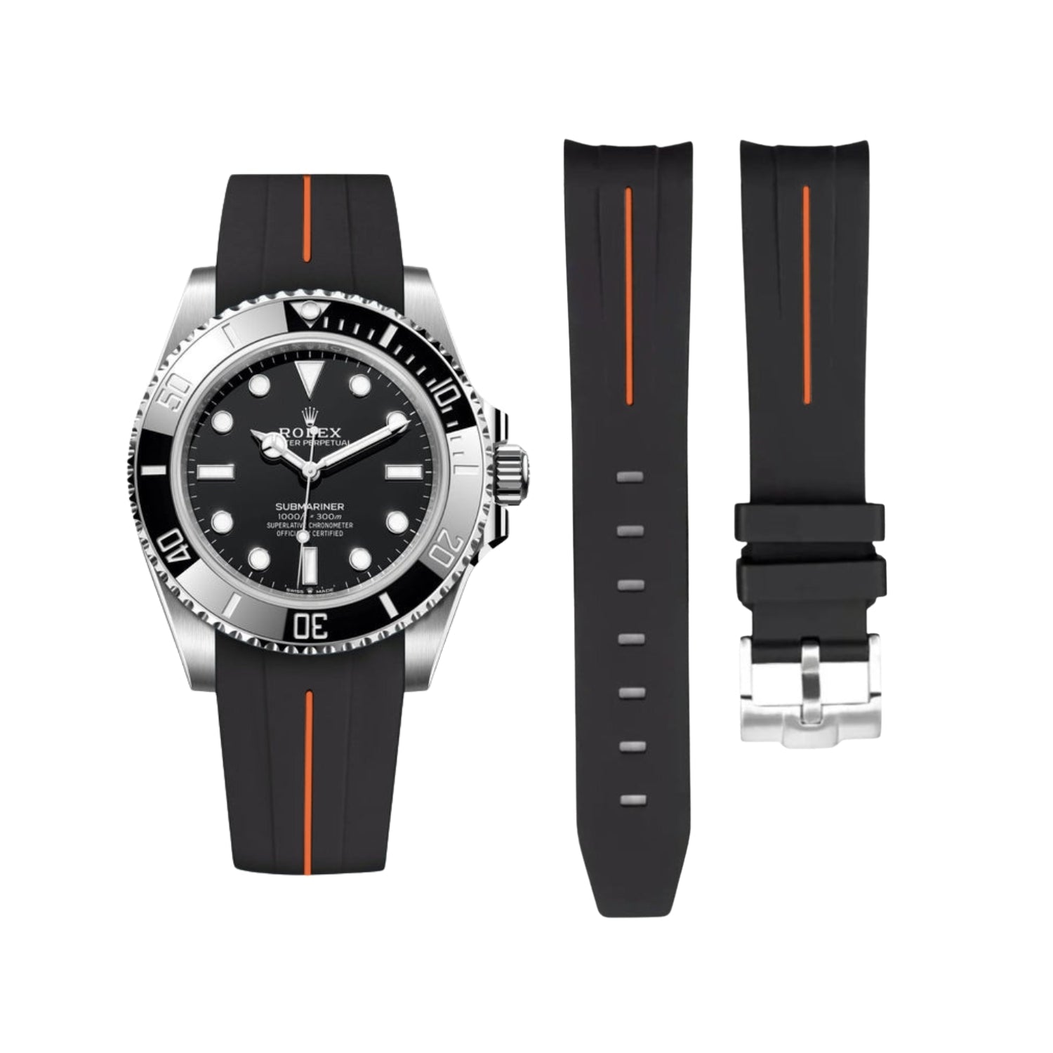 Rubber Strap - For Rolex Submariner - Black w/Orange Line | LuxLine® - Helvetus