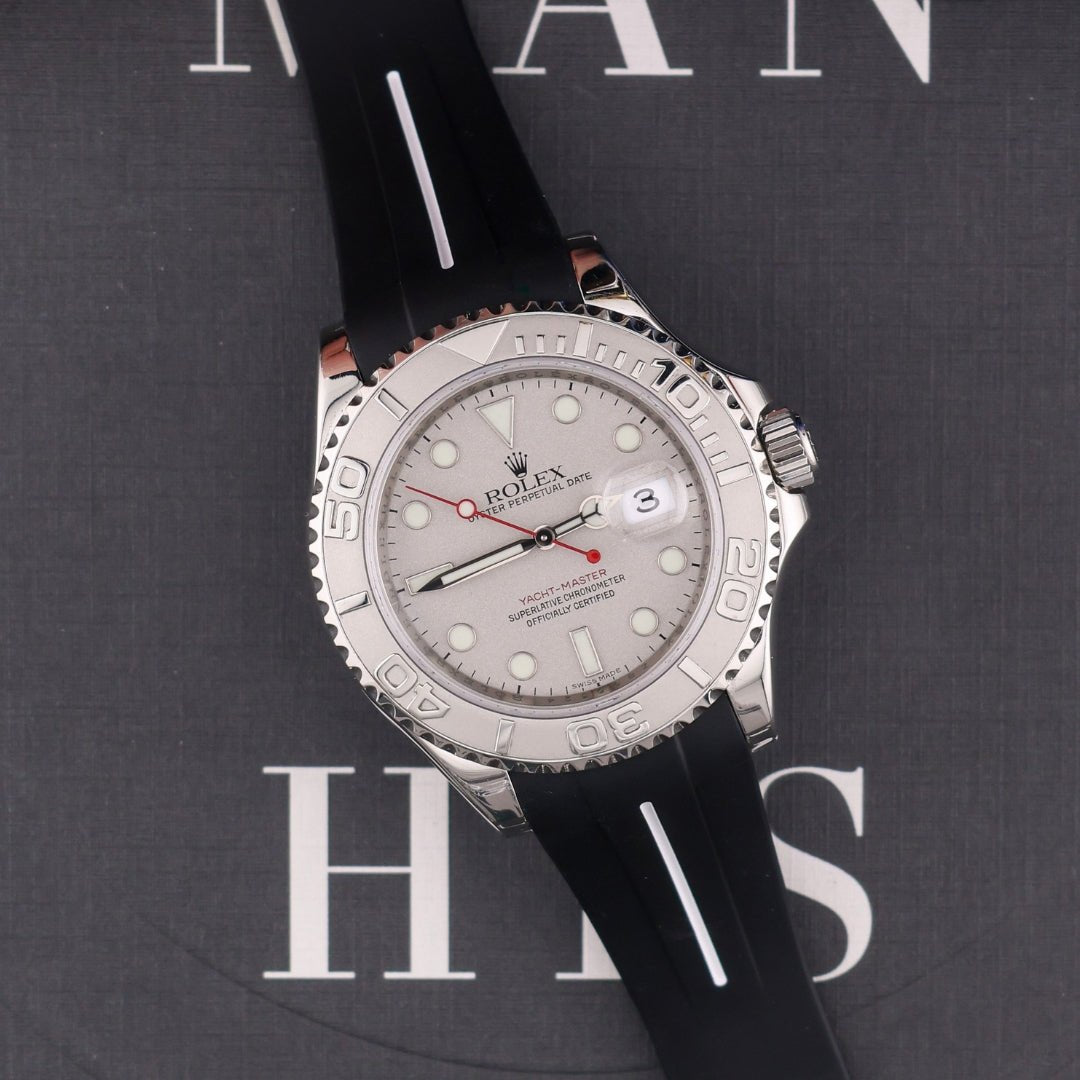Rubber Strap - For Rolex Yacht - Master 40mm/42mm - Black w/White Line | LuxLine® - Helvetus