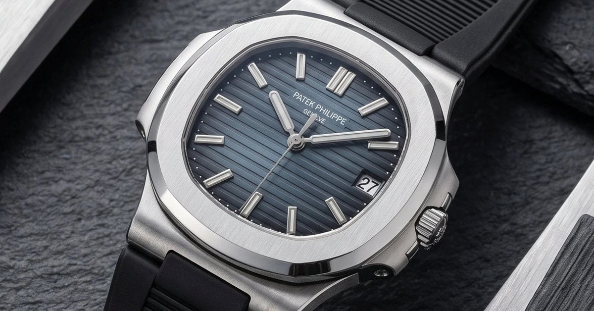 Patek Philippe Nautilus with blue dial on a black rubber strap