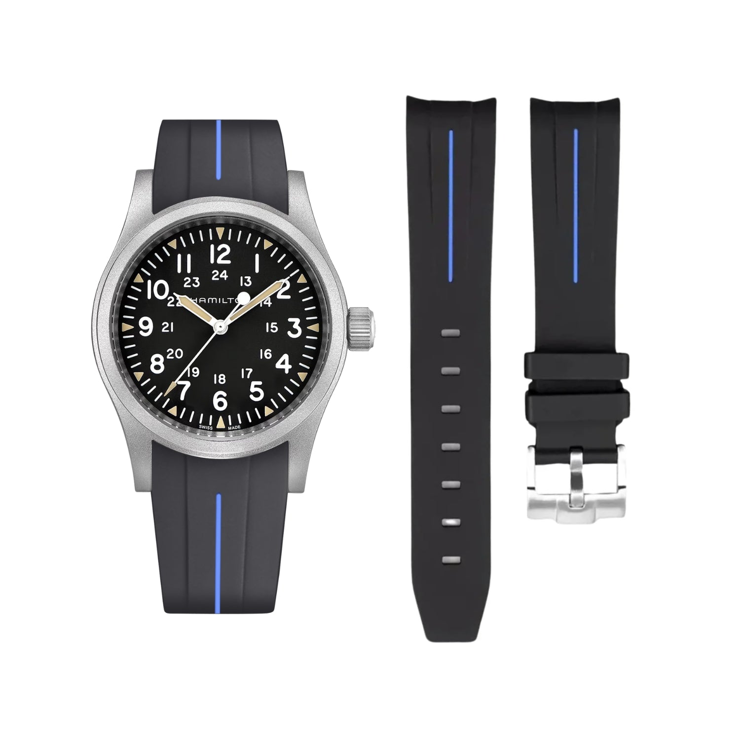 Bracelet en Caoutchouc LuxLine® Noir/Bleu pour Hamilton Khaki Field – 38mm/40mm/42mm