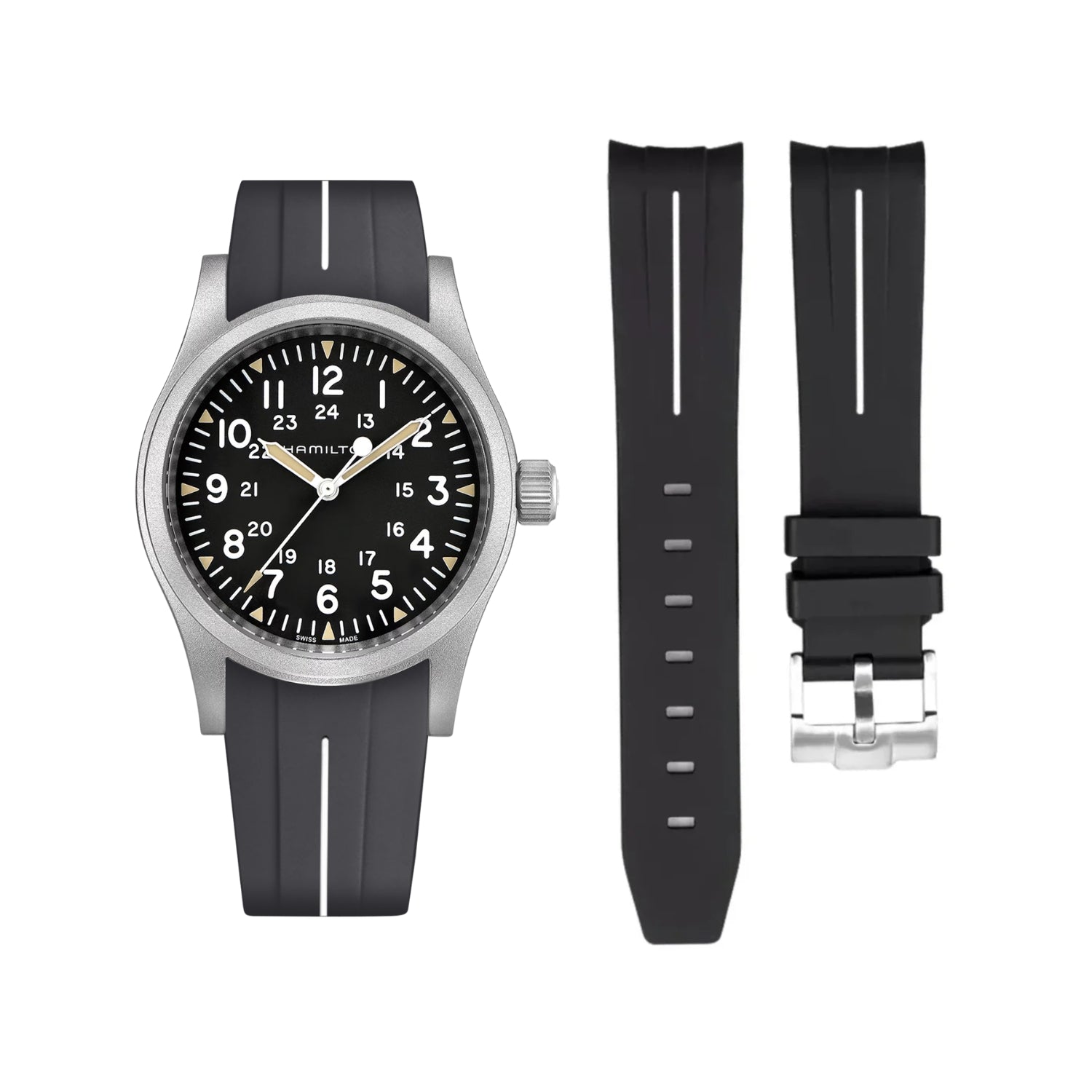 Bracelet en Caoutchouc LuxLine® Noir/Blanc pour Hamilton Khaki Field – 38mm/40mm/42mm