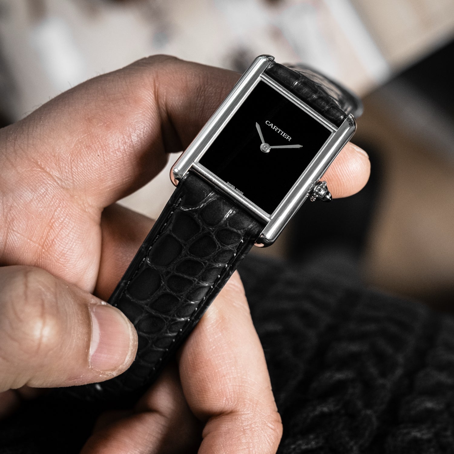 Crocodile Leather Strap for Cartier Tank / Tank Solo / Tank Must – Black - Helvetus