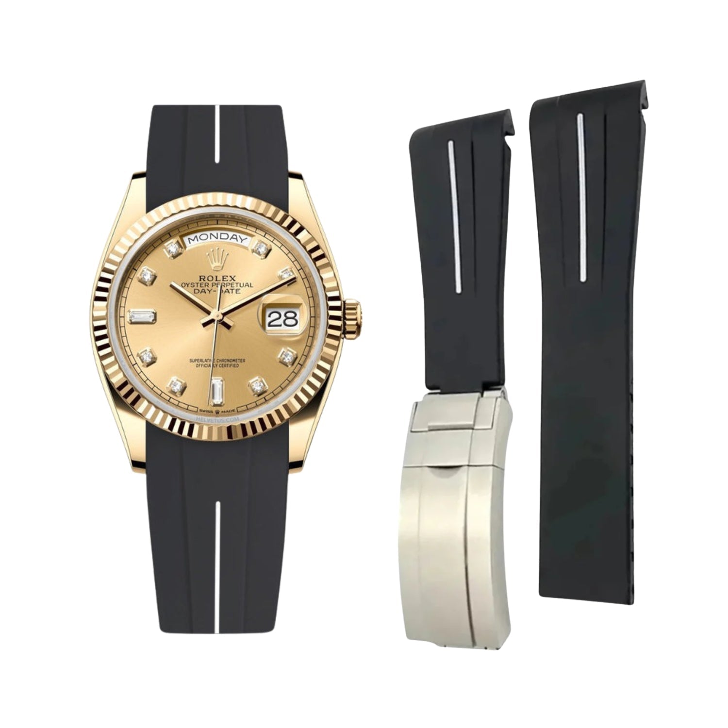 Deployant Rubber Strap - For Rolex Day - Date 36mm - Black w/White Line | LuxLine® - Helvetus