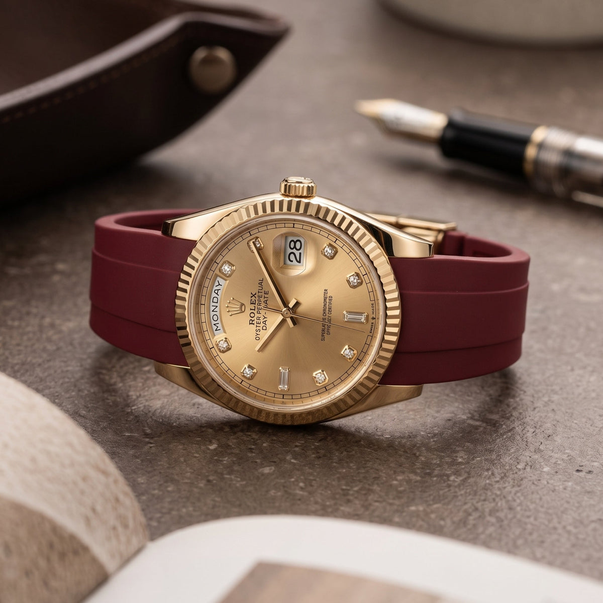 Deployant Rubber Strap - For Rolex Day-Date 36mm - Bordeaux - Helvetus