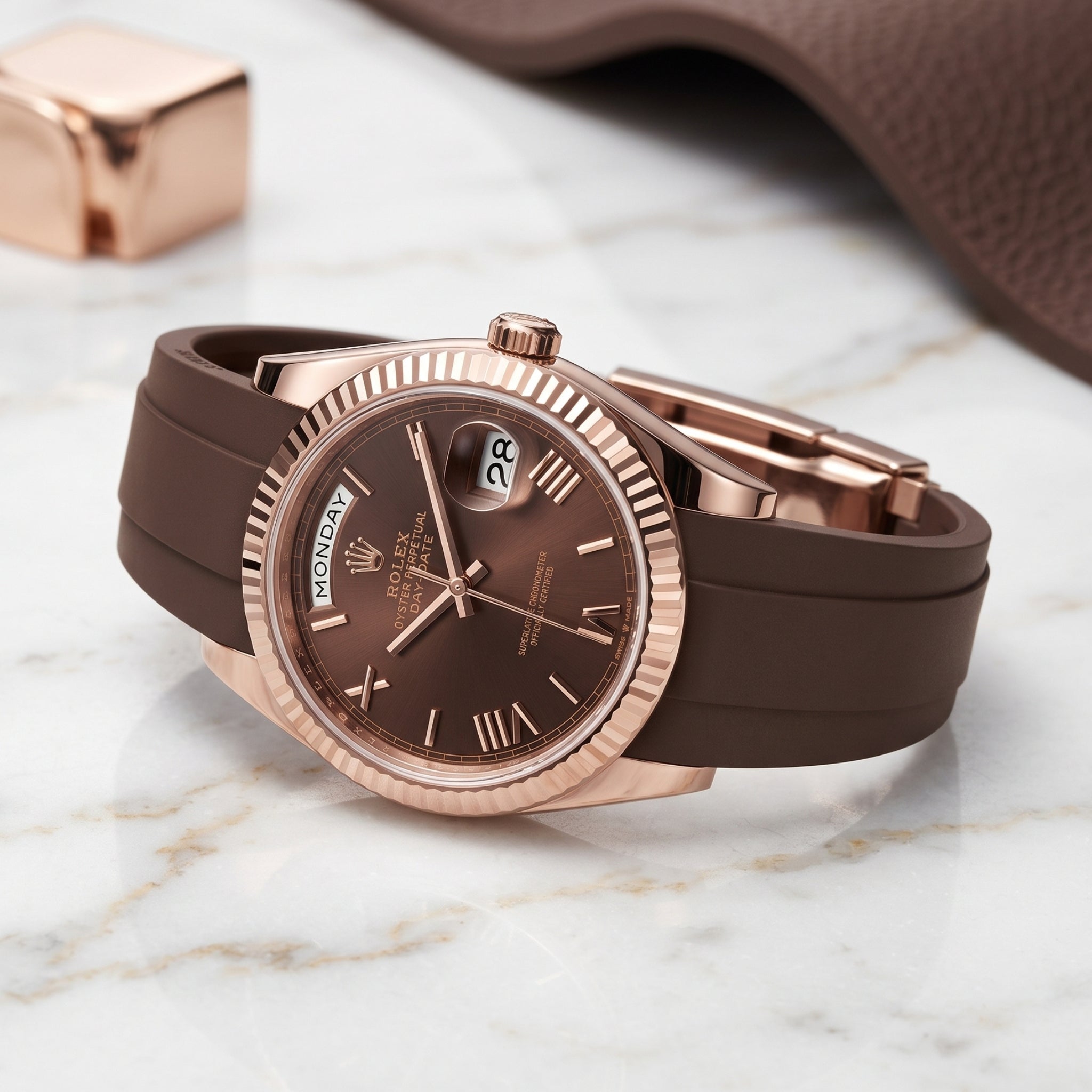 Deployant Rubber Strap - For Rolex Day-Date 40 - Brown - Helvetus