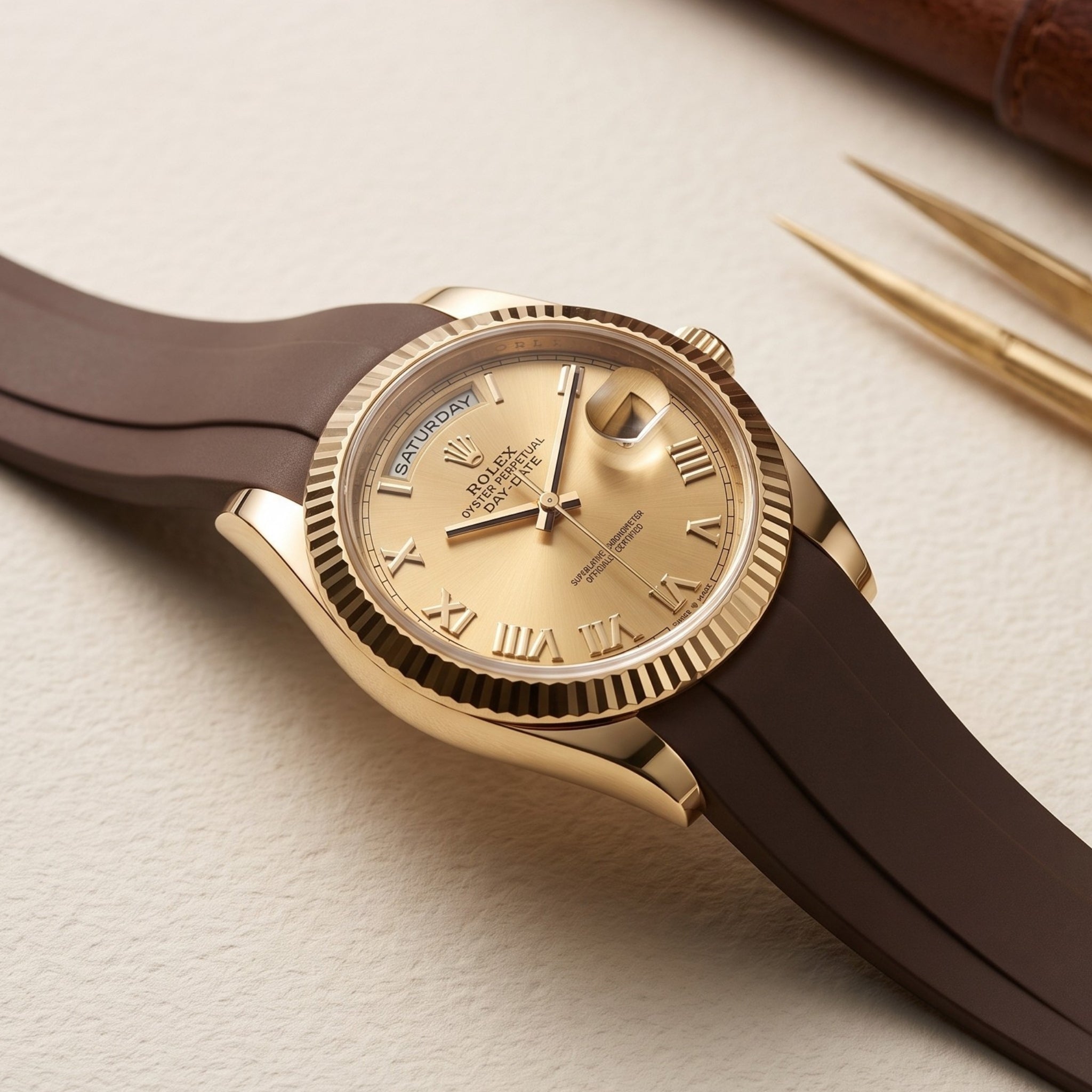 Deployant Rubber Strap - For Rolex Day-Date II 41mm - Brown - Helvetus