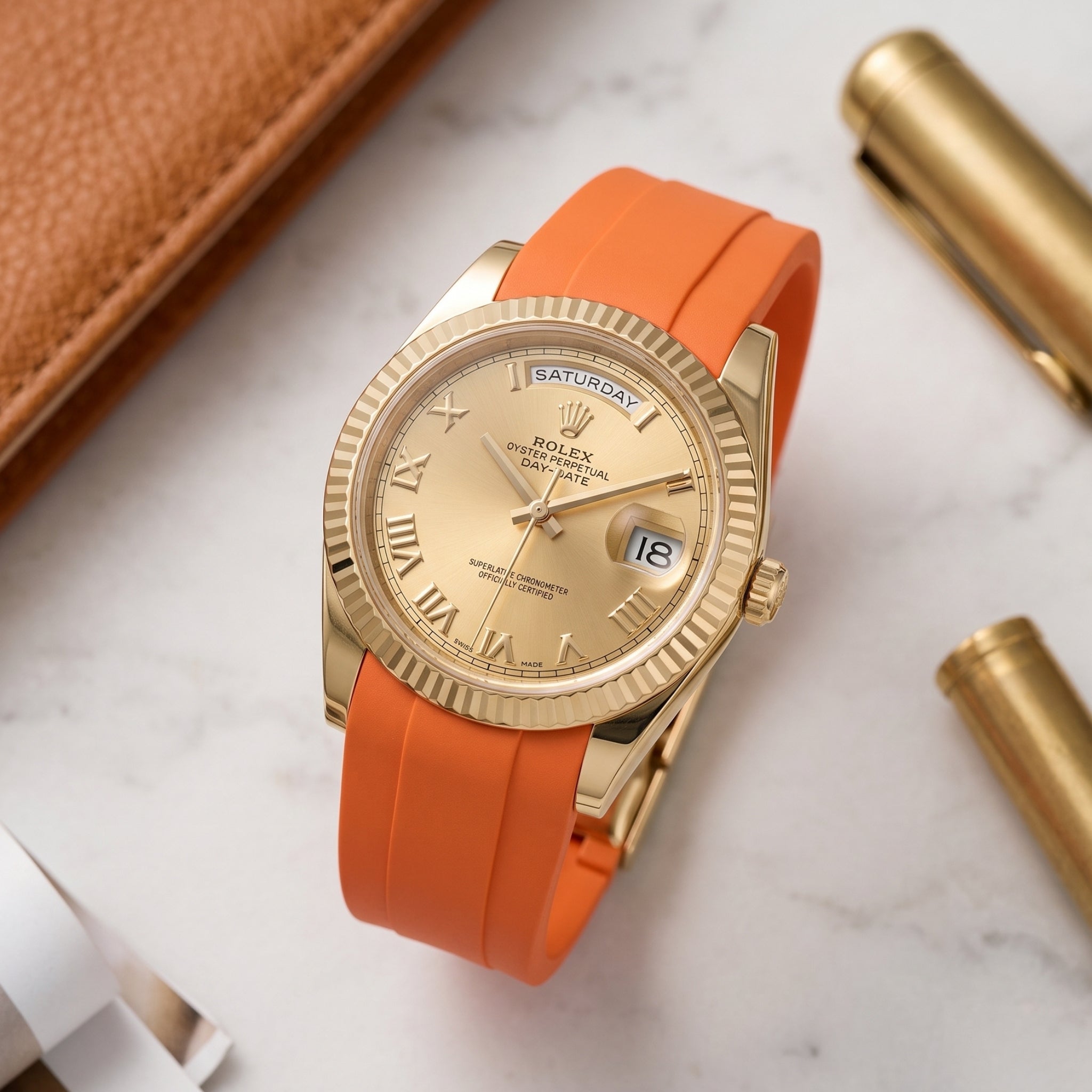 Deployant Rubber Strap - For Rolex Day-Date II 41mm - Orange - Helvetus