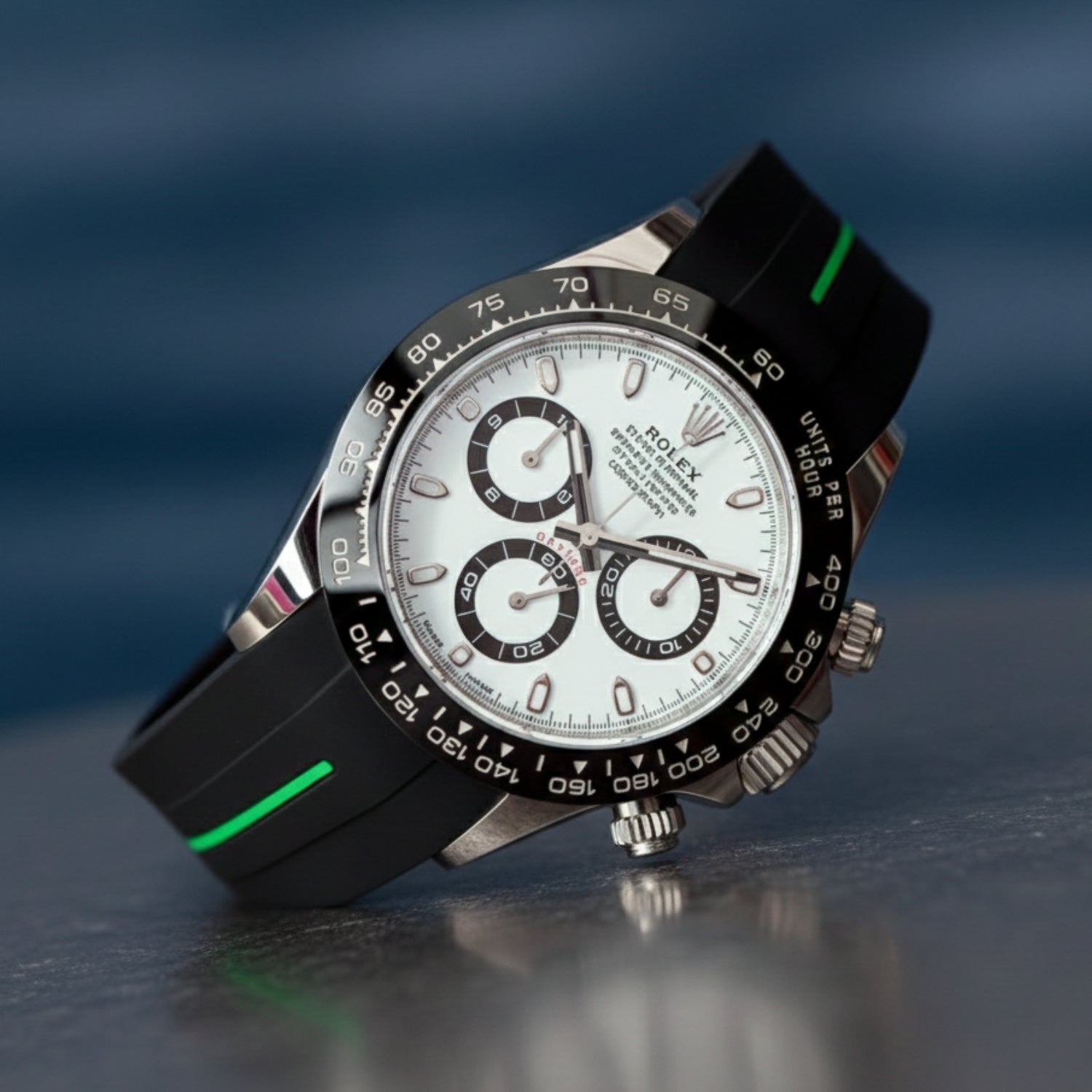Deployant Rubber Strap - For Rolex Daytona - Black w/Green Line | LuxLine® - Helvetus