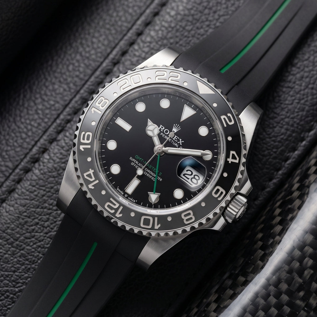 Deployant Rubber Strap - For Rolex GMT-Master II - Black w/Green Line | LuxLine® - Helvetus